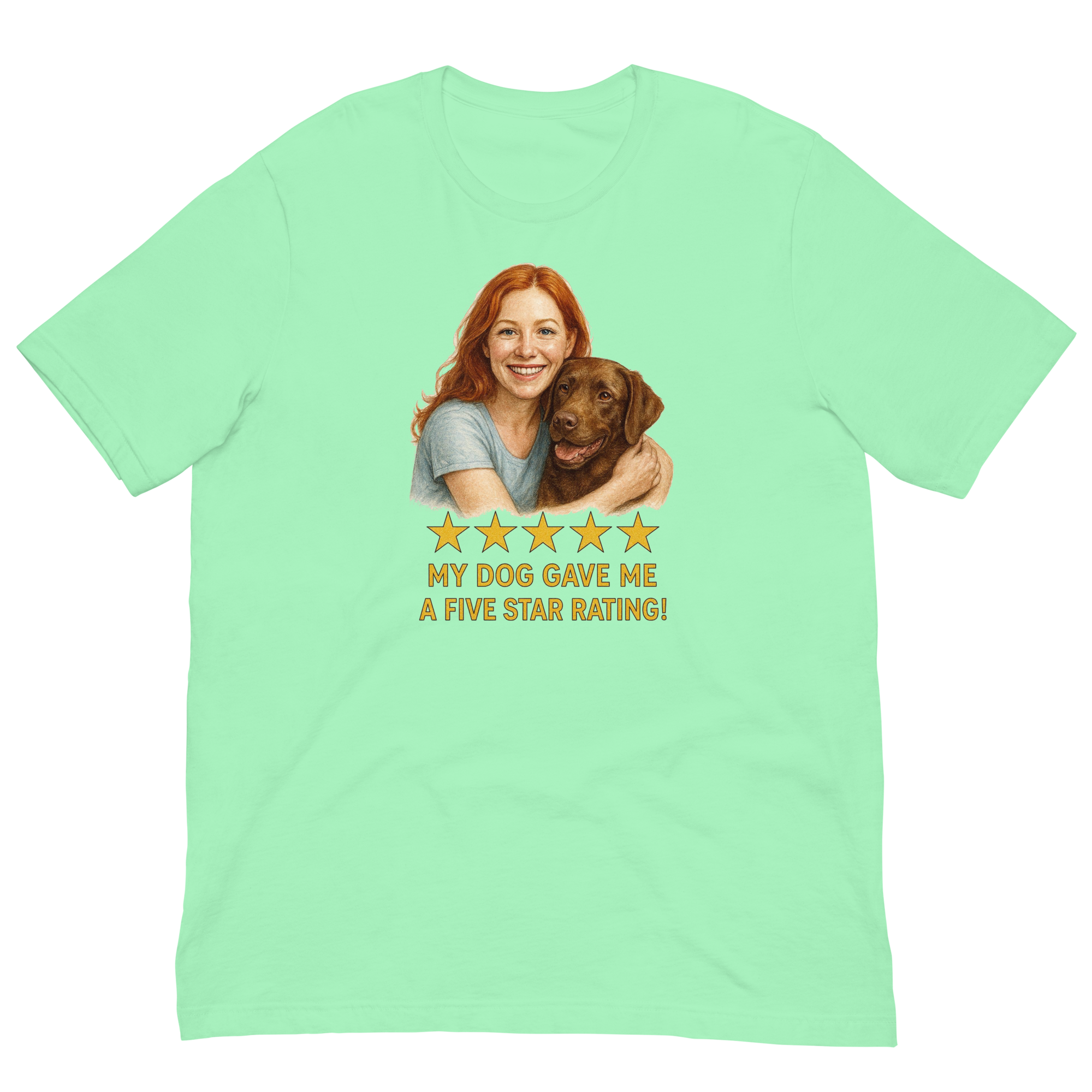 Red Hair Woman with Cocker Spaniel graphic tee.