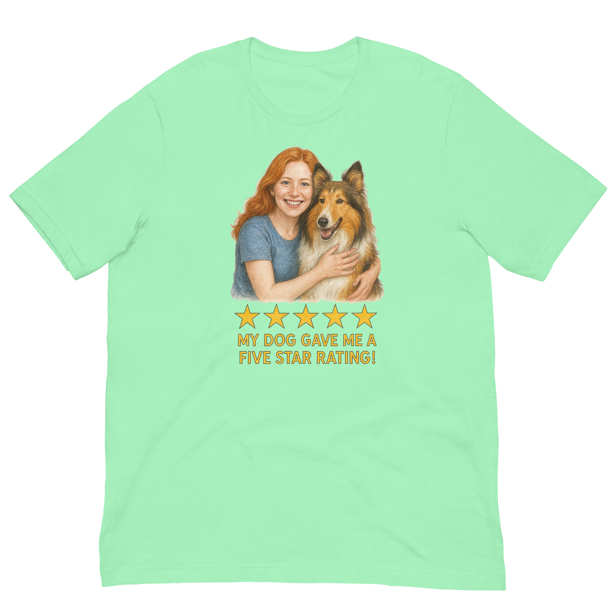 Red Hair Woman with Collie graphic tee.