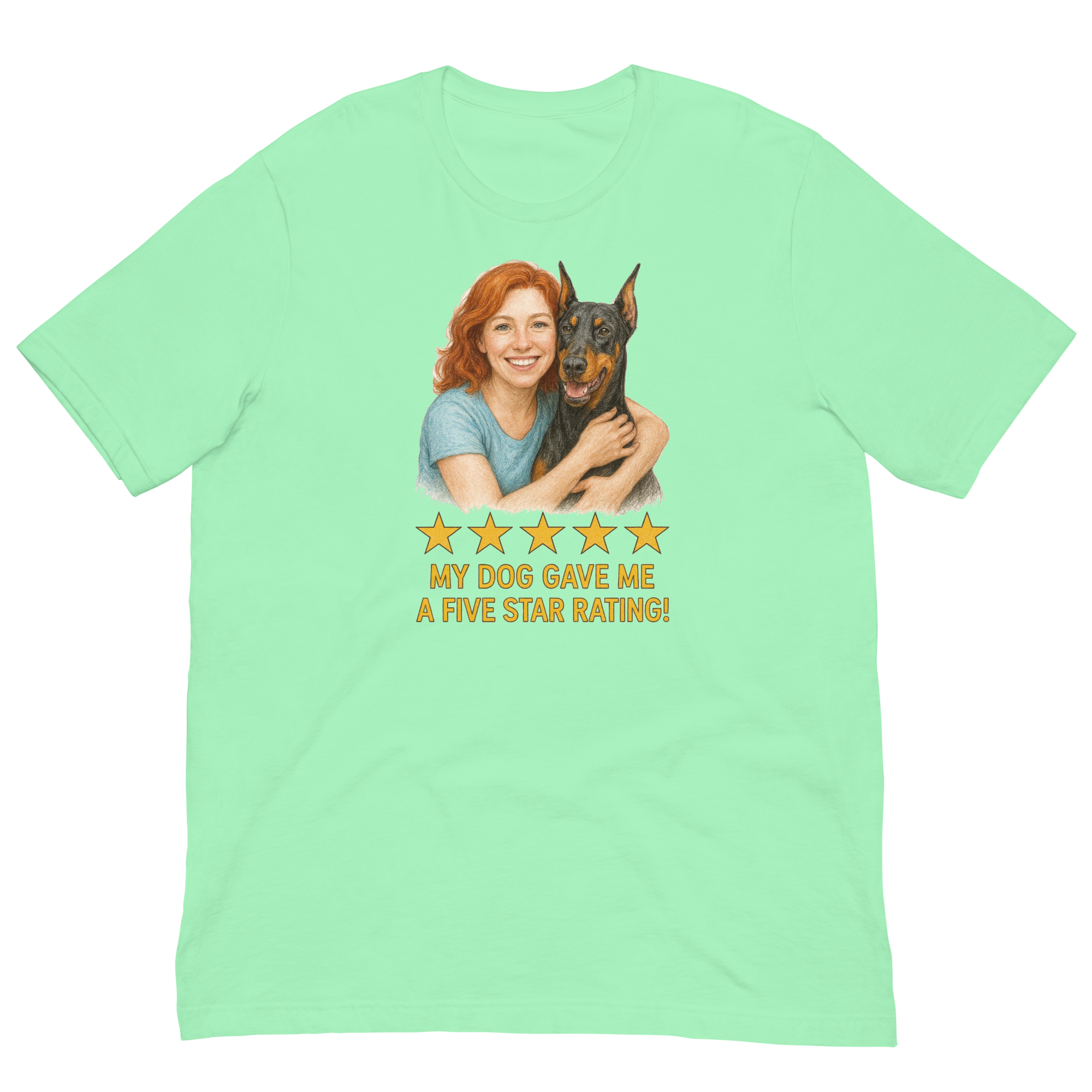 Red Hair Woman with Doberman Pinscher graphic tee.