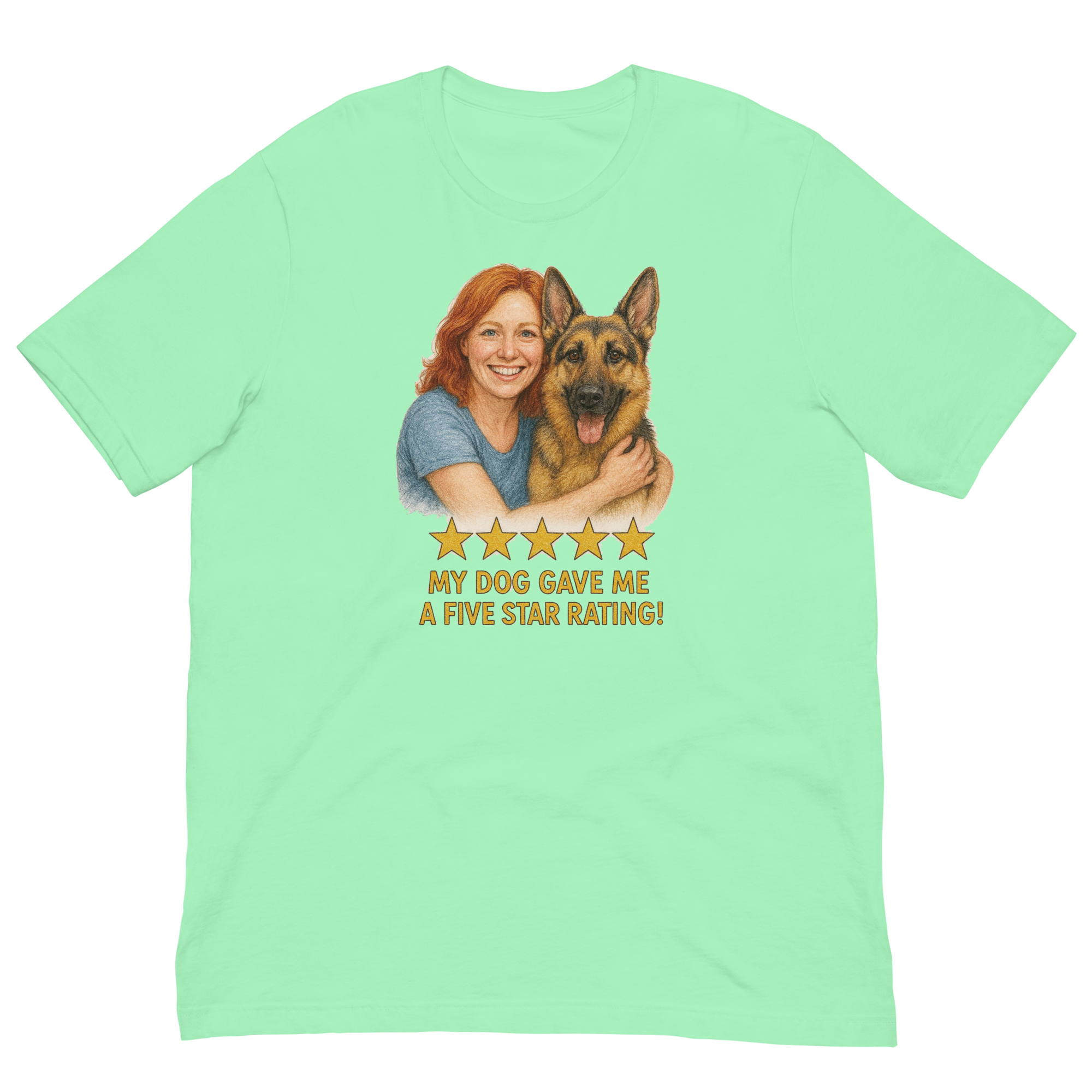 Red Hair Woman with German Shepherd graphic tee.