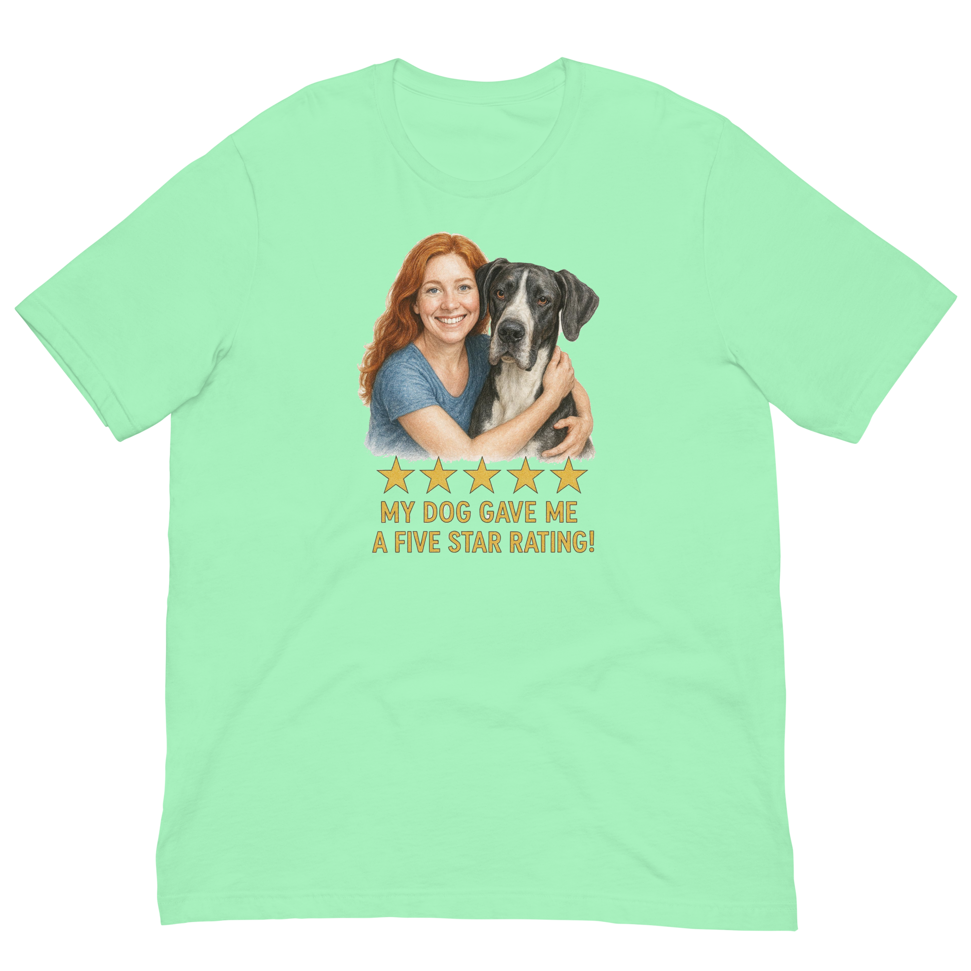 Red Hair Woman with Great Dane graphic tee.