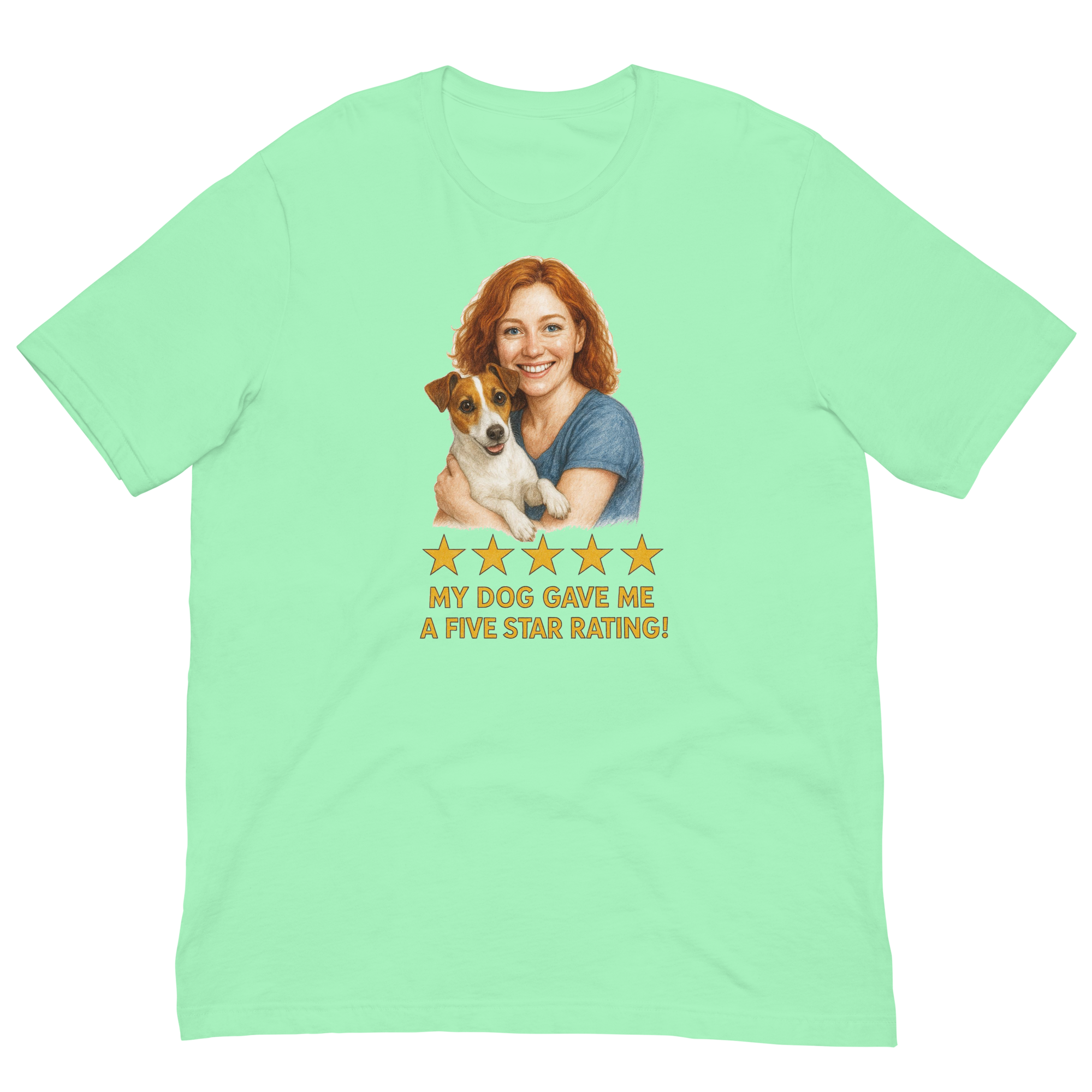 Red Hair Woman with Jack Russell Terrier graphic tee.