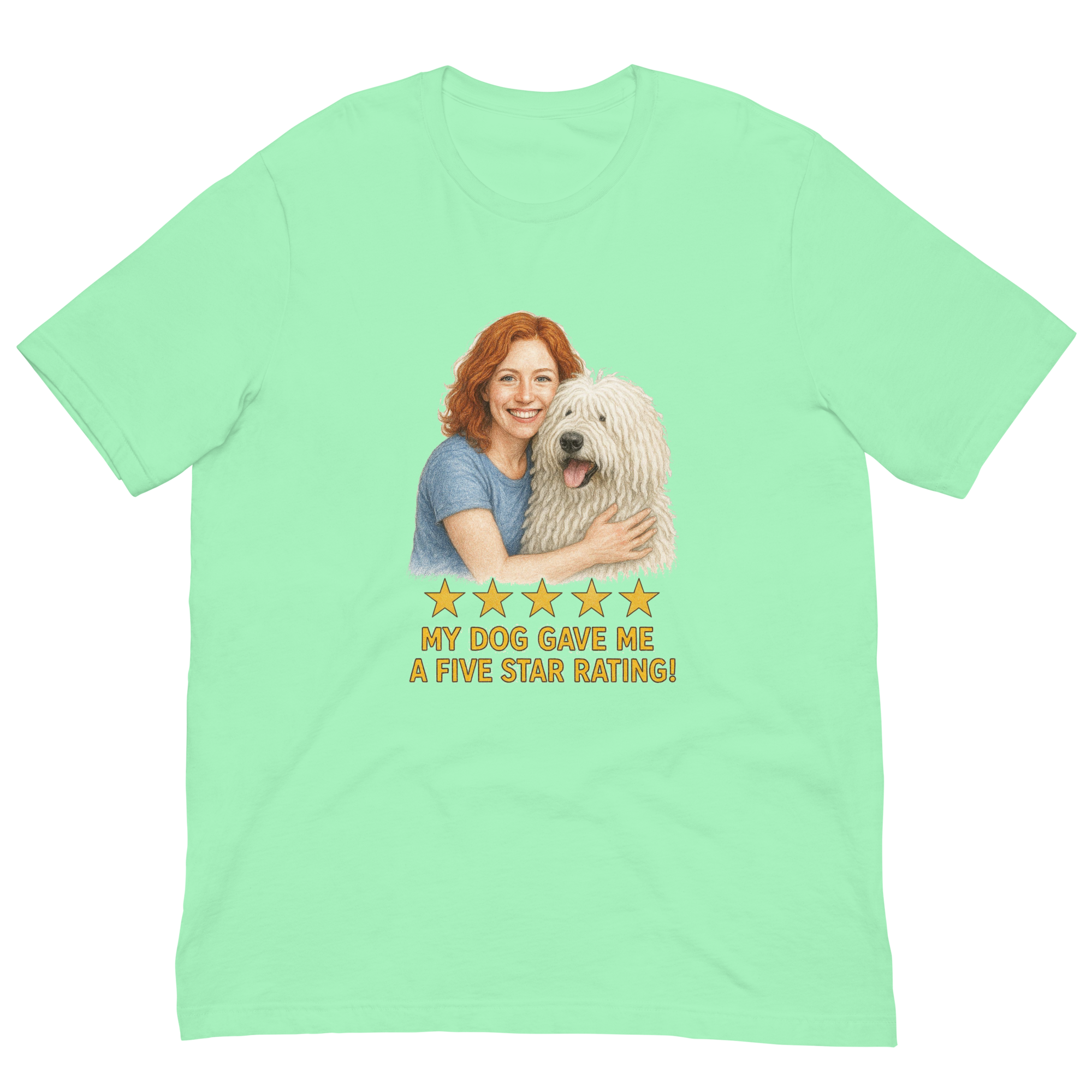 Red Hair Woman with Komondor graphic tee.