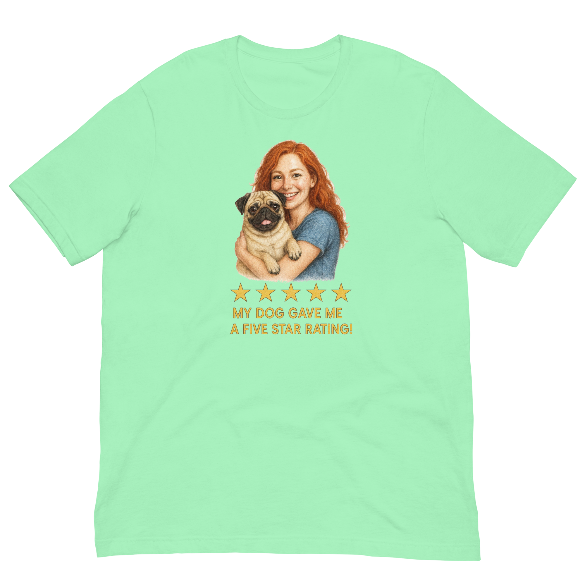 Red Hair Woman with Pug graphic tee.