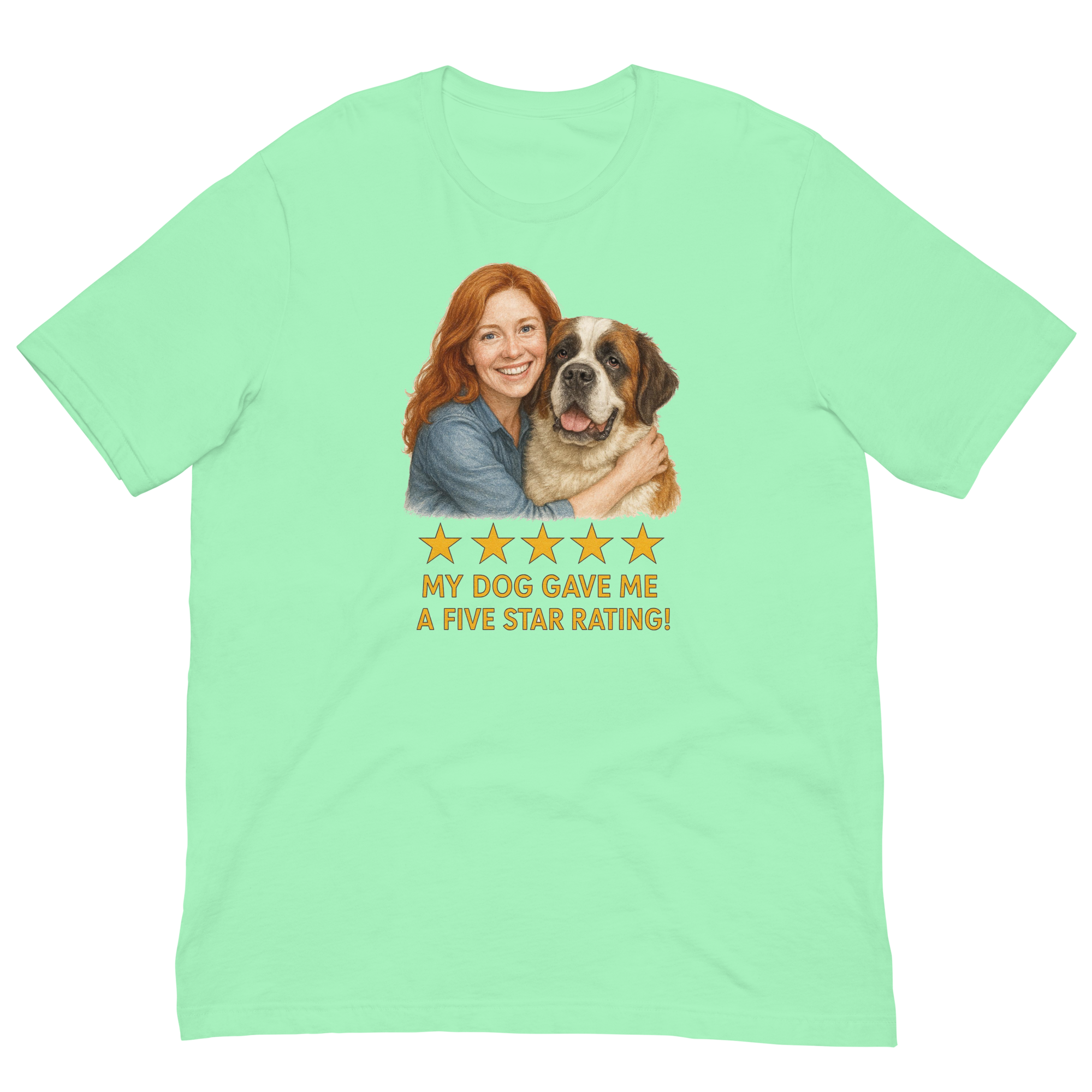 Red Hair Woman with Saint Bernard graphic tee.