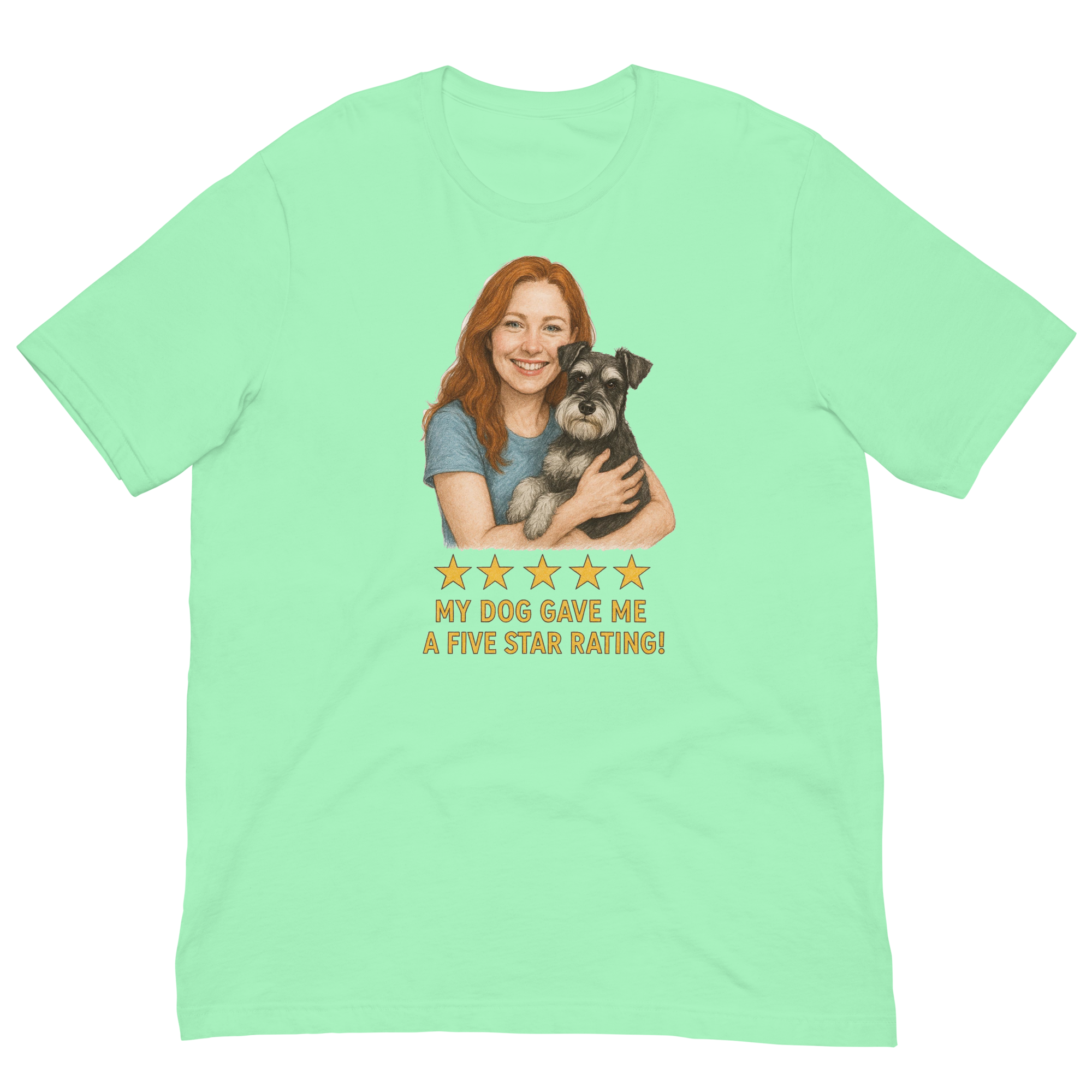 Red Hair Woman with Schnauzer graphic tee.