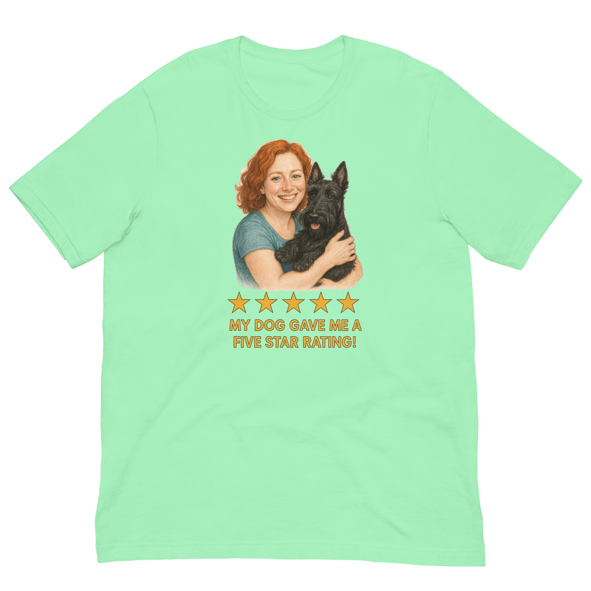 Red Hair Woman with Scottie graphic tee.