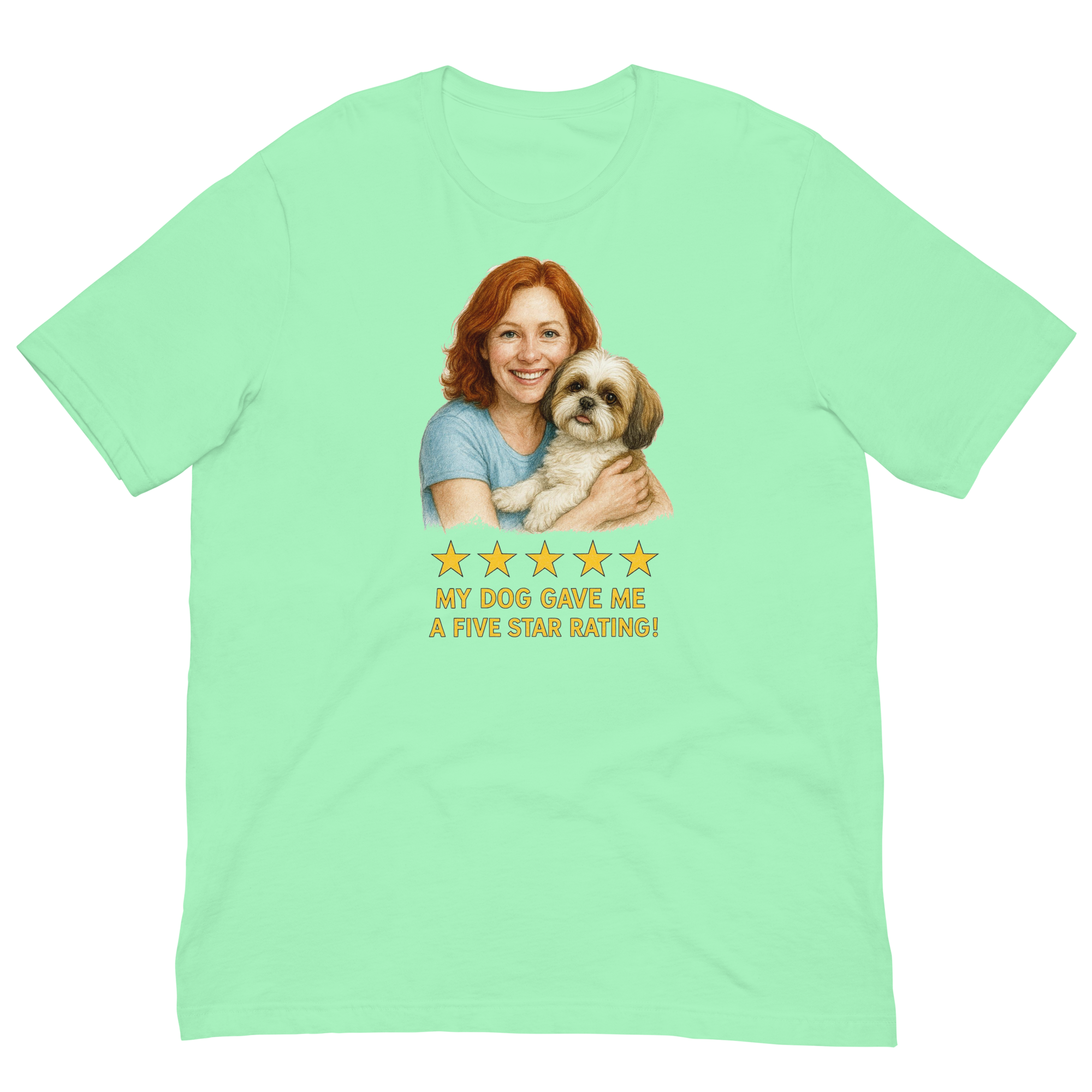 Red Hair Woman with Shih Tzu graphic tee.