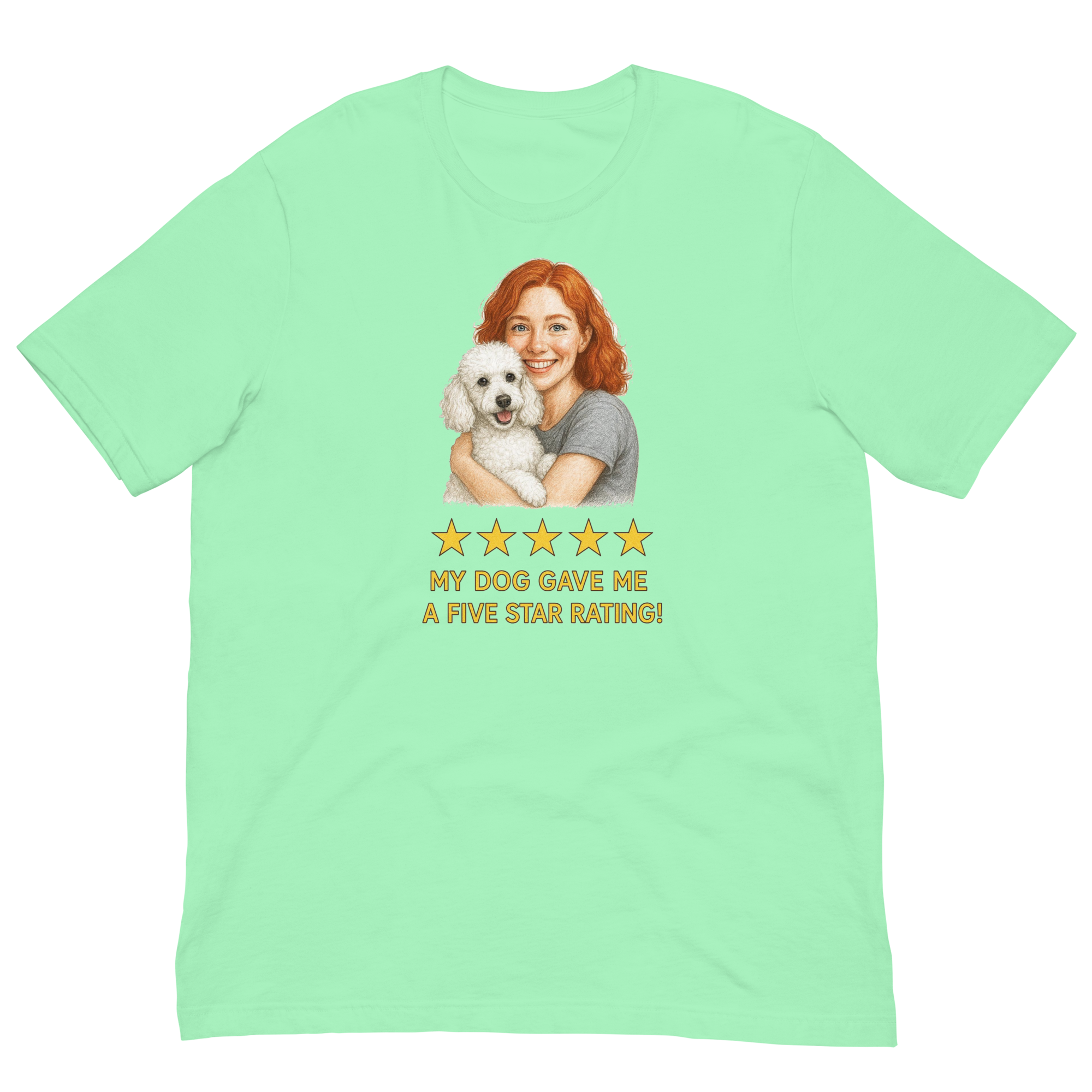 Red Hair Woman with White Poodle graphic tee.