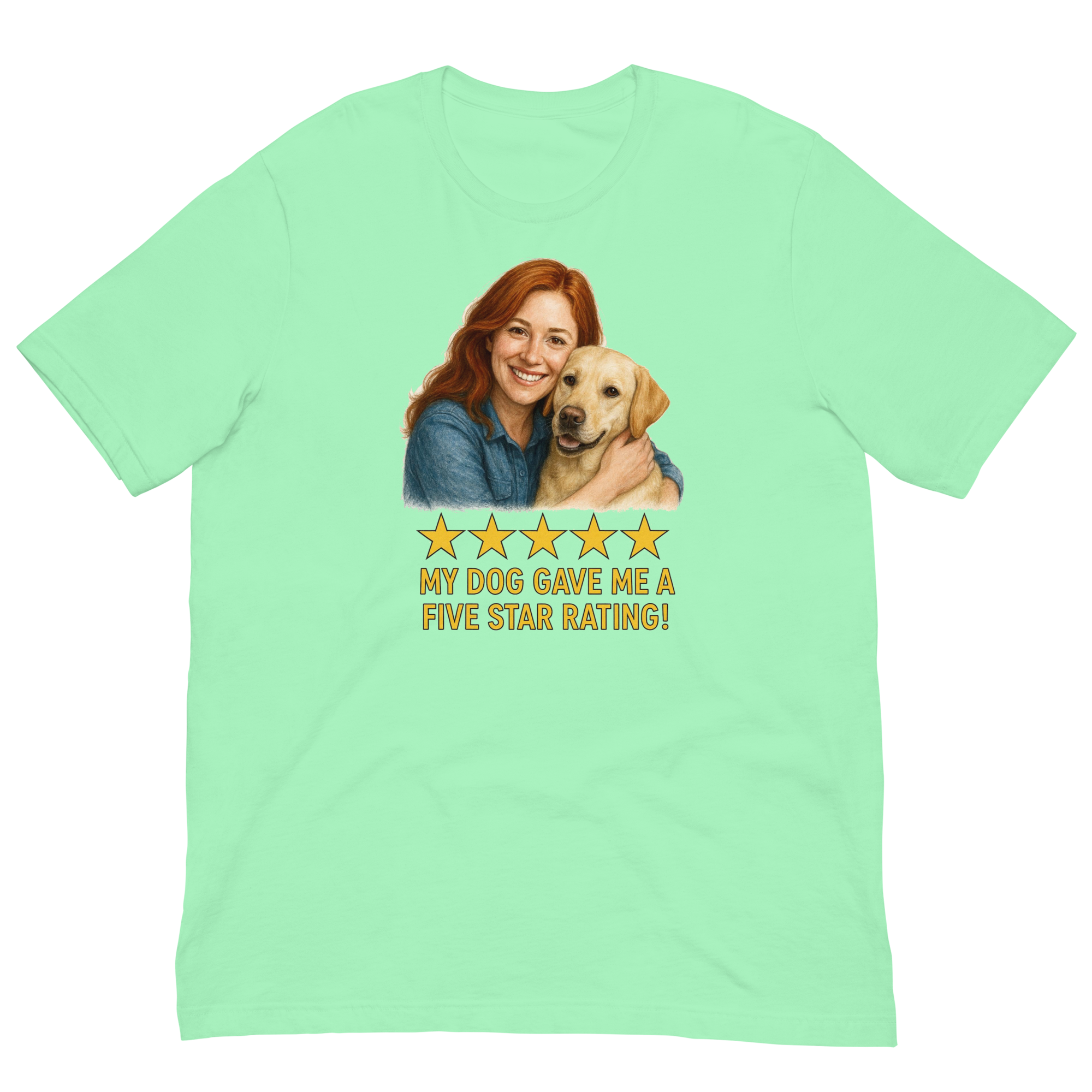 Red Hair Woman with Yellow Labrador graphic tee.