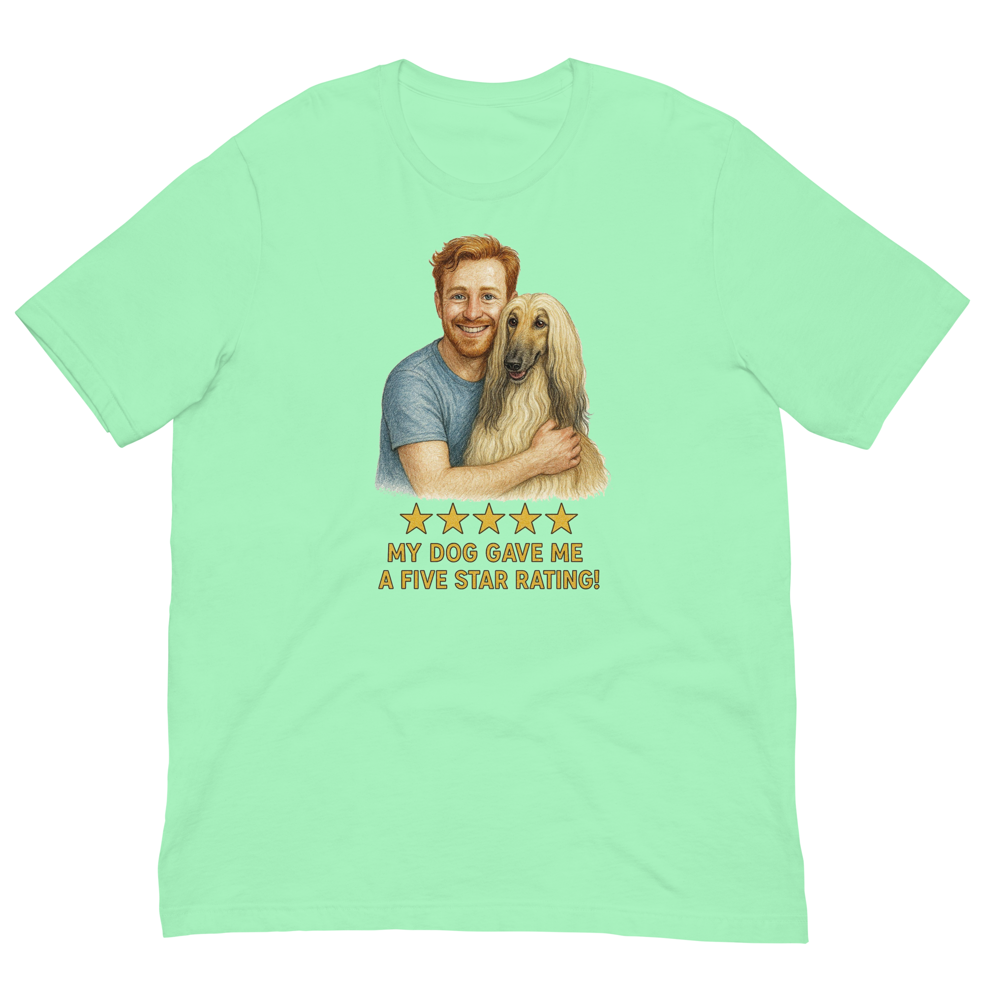 Red Hair Man with Afghan Hound graphic tee.