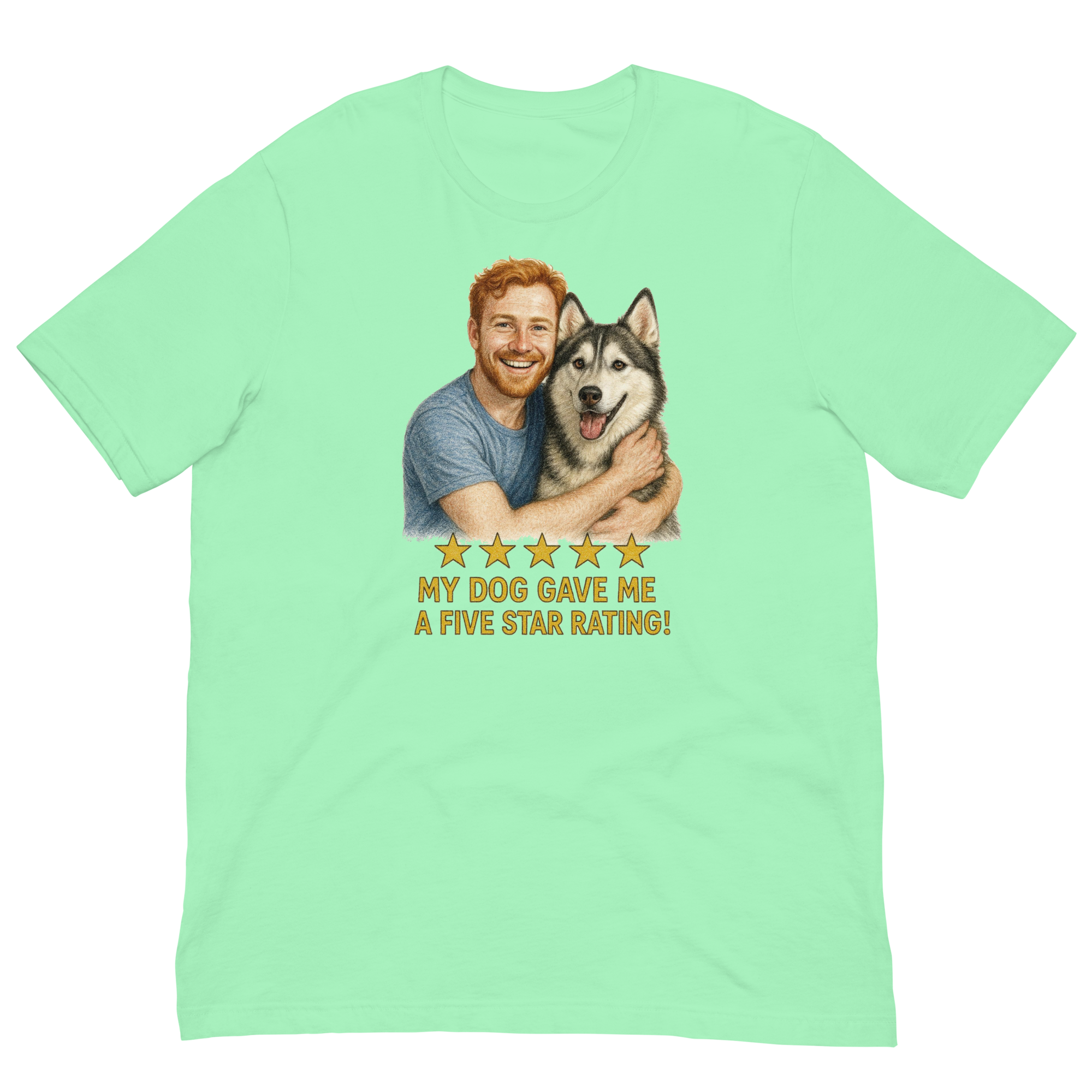 Red Hair Man with Alaskan Husky graphic tee.