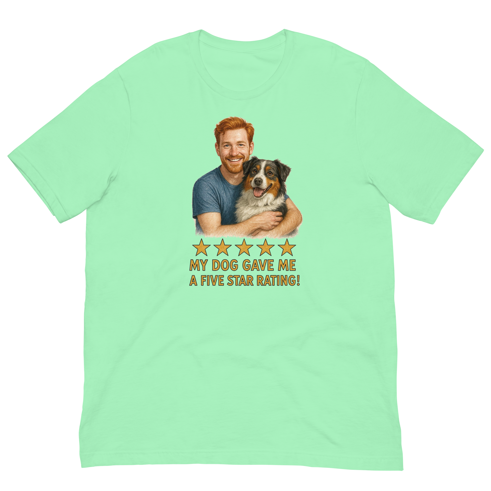 Red Hair Man with Australian Shepherd graphic tee.