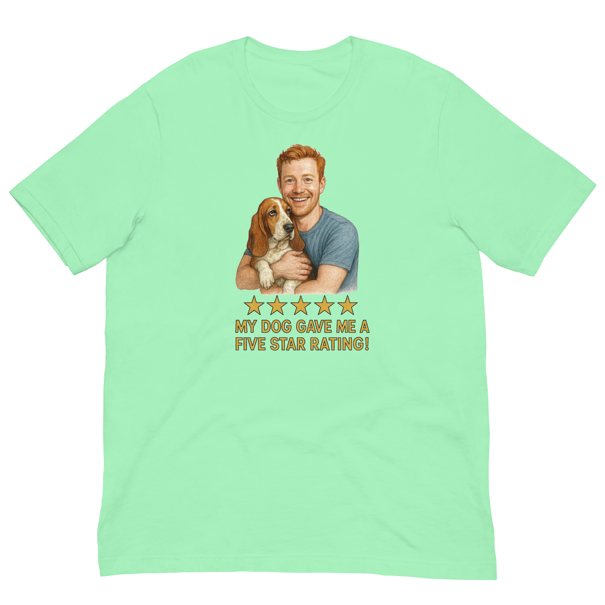 Red Hair Man with Basset Hound graphic tee.