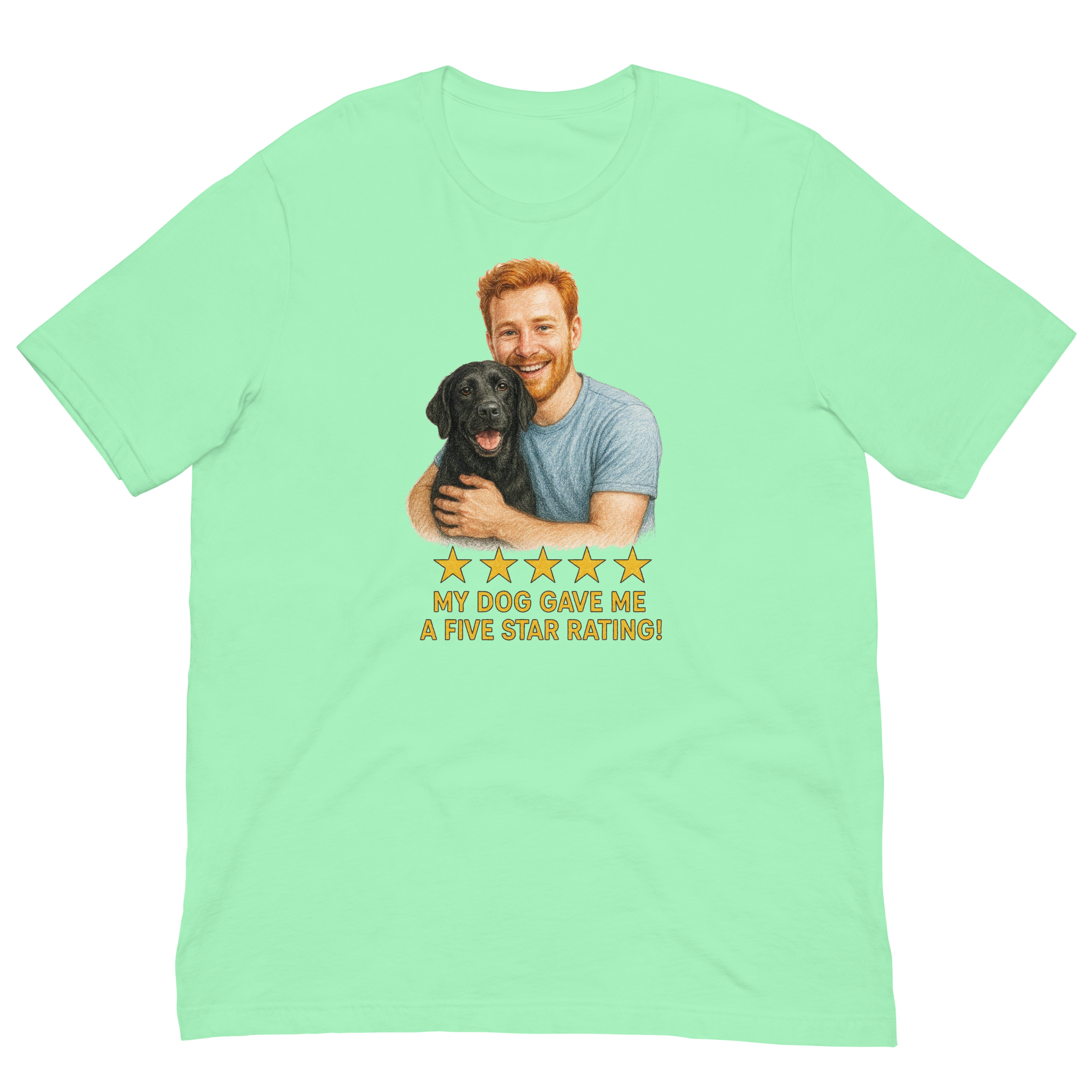 Red Hair Man with Black Labrador graphic tee.