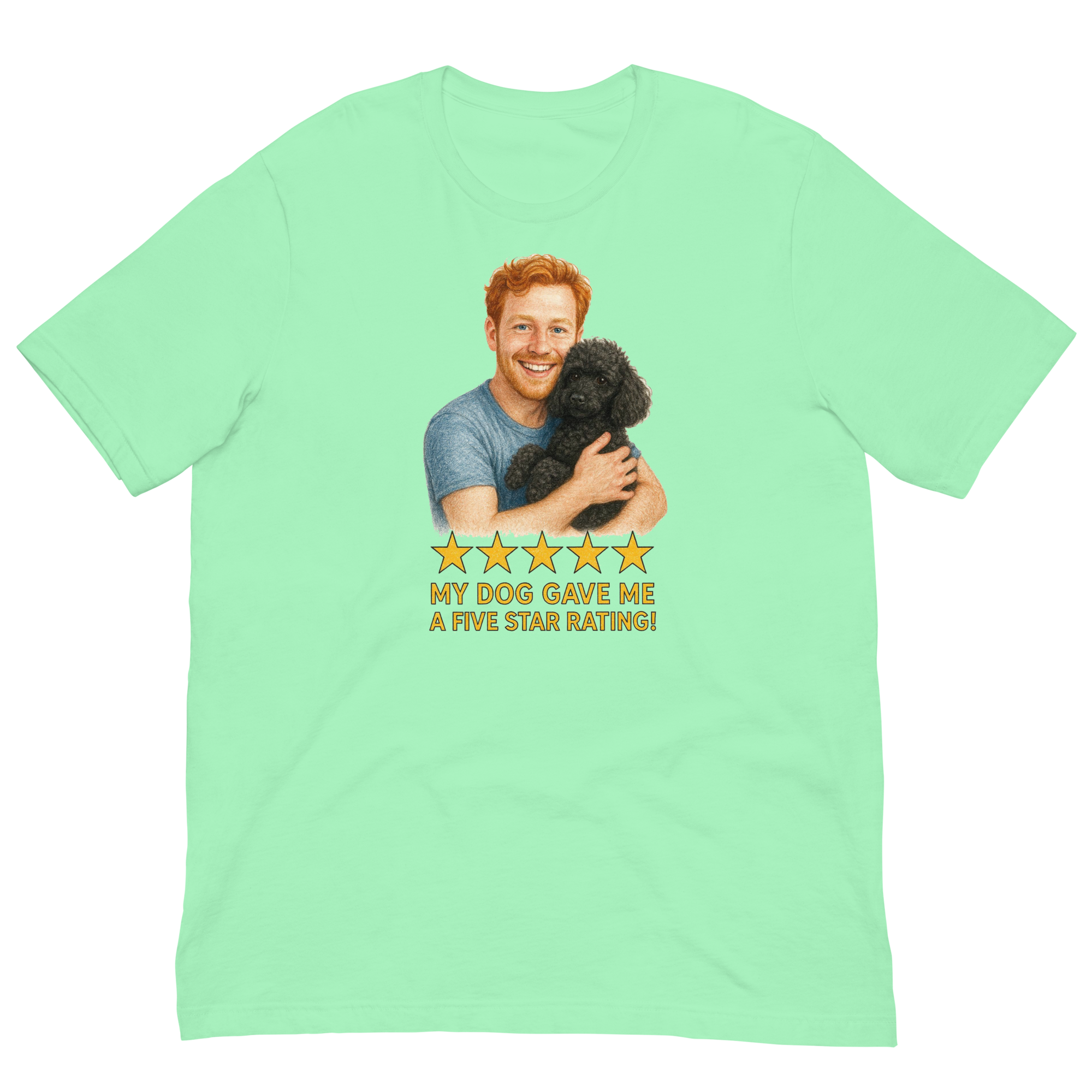 Red Hair Man with Black Poodle graphic tee.