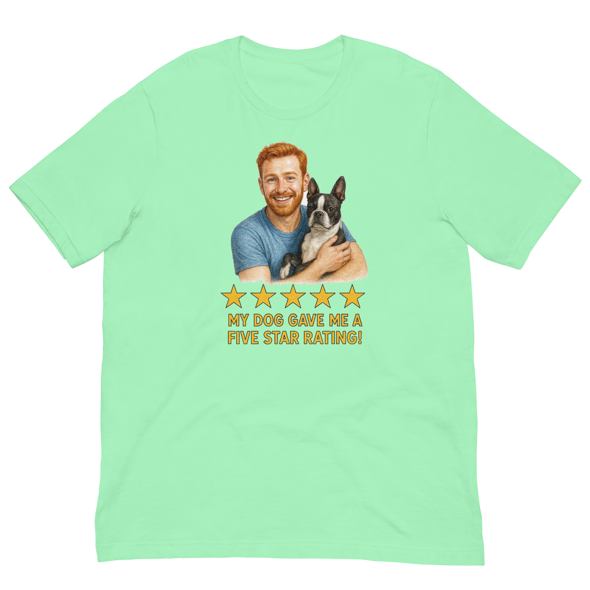 Red Hair Man with Boston Terrier graphic tee.