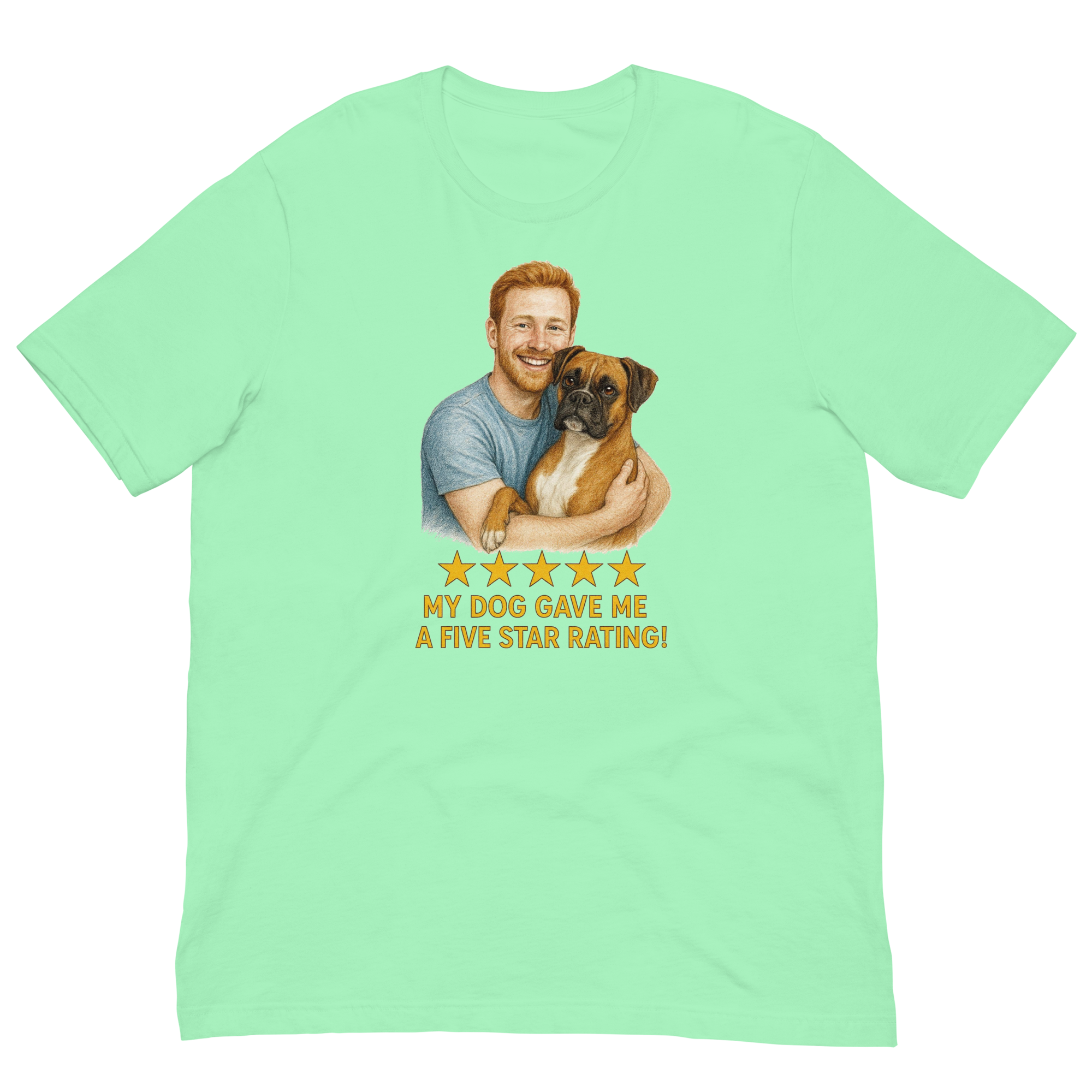 Red Hair Man with Boxer graphic tee.