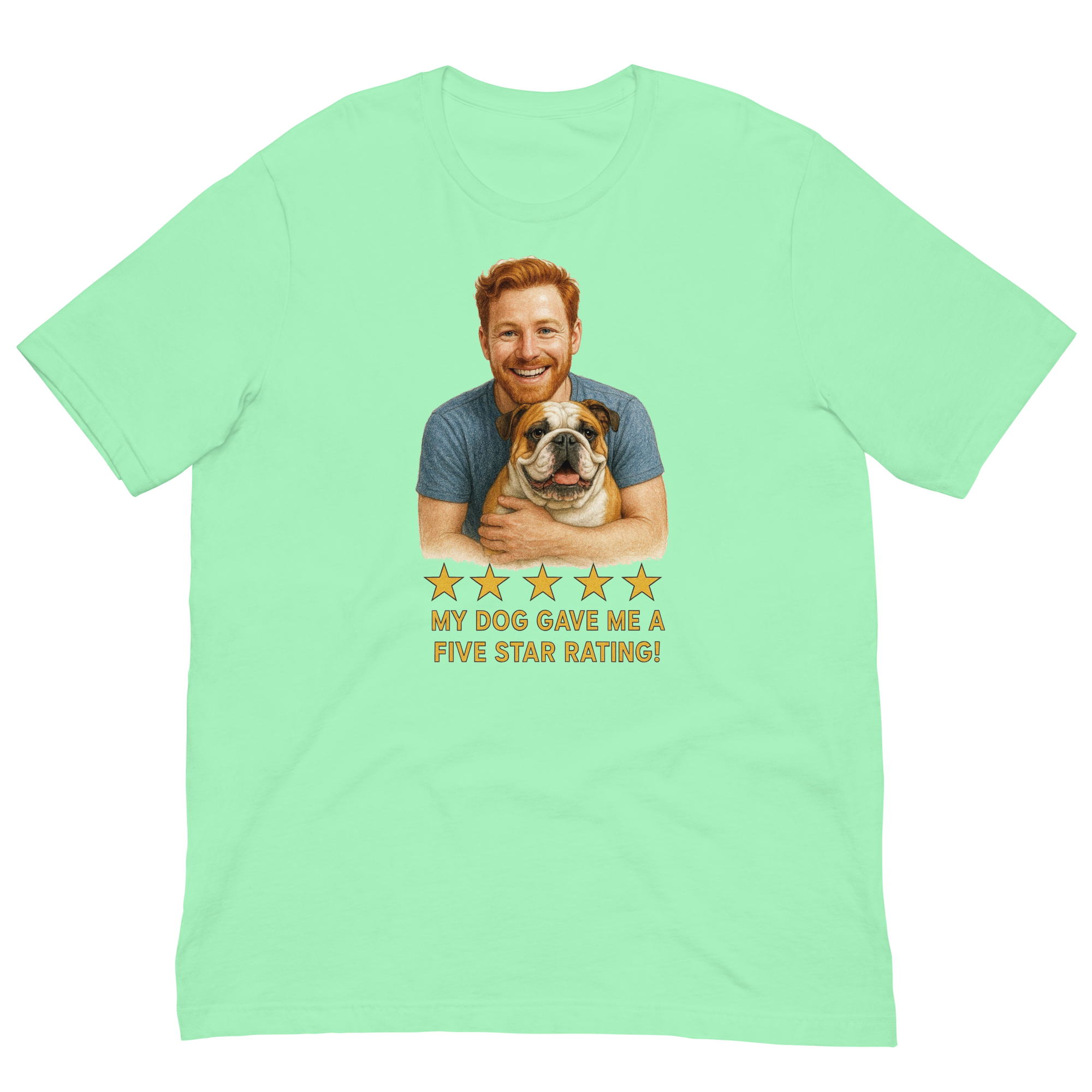 Red Hair Man with Bulldog graphic tee.