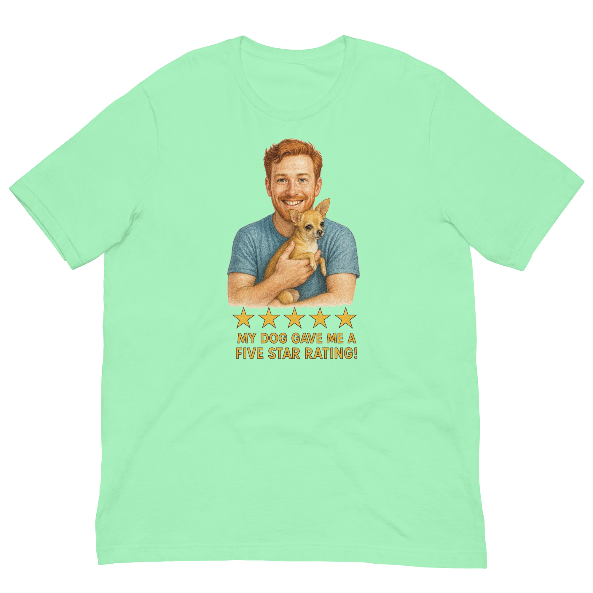 Red Hair Man with Chihuahua graphic tee.