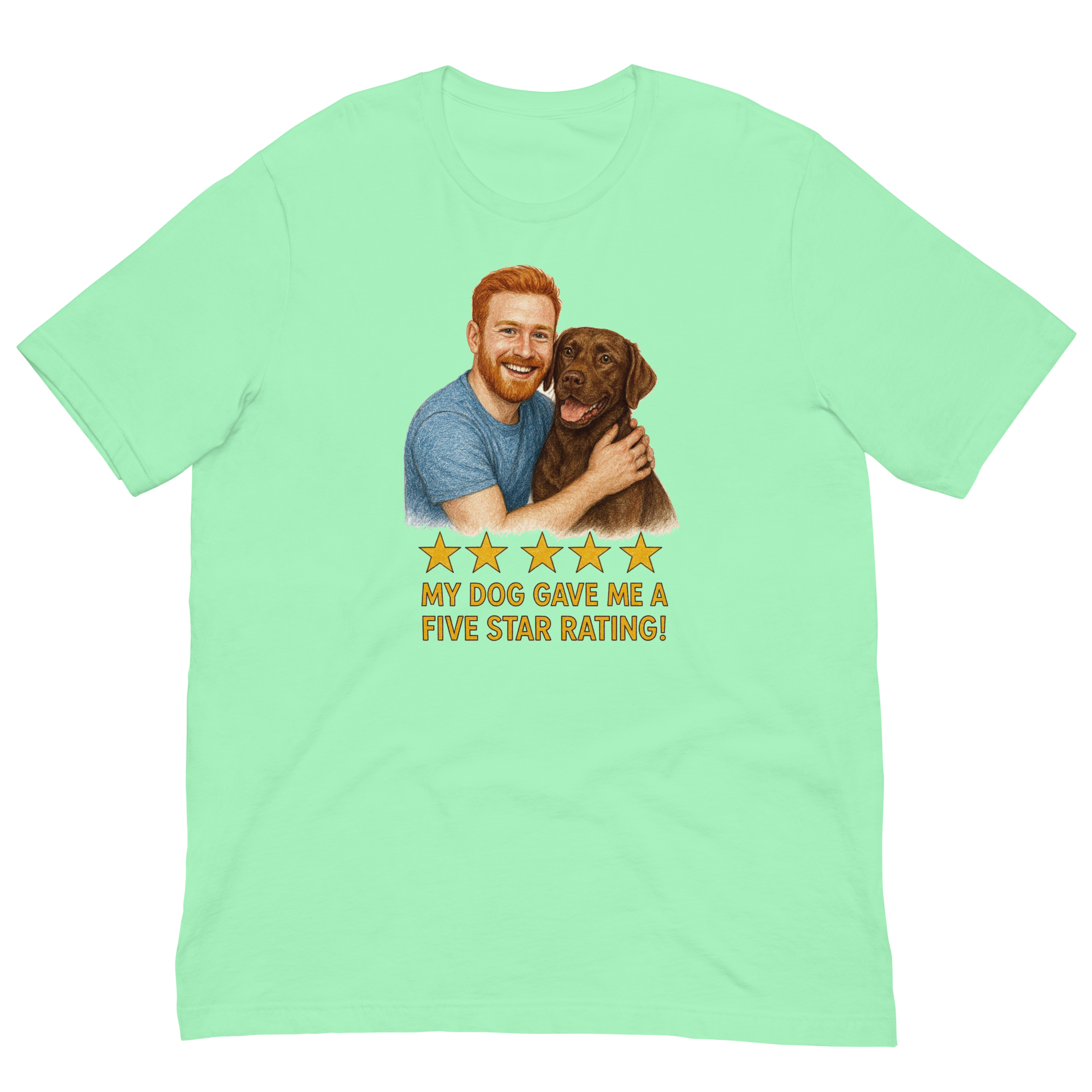 Red Hair Man with Chocolate Labrador graphic tee.