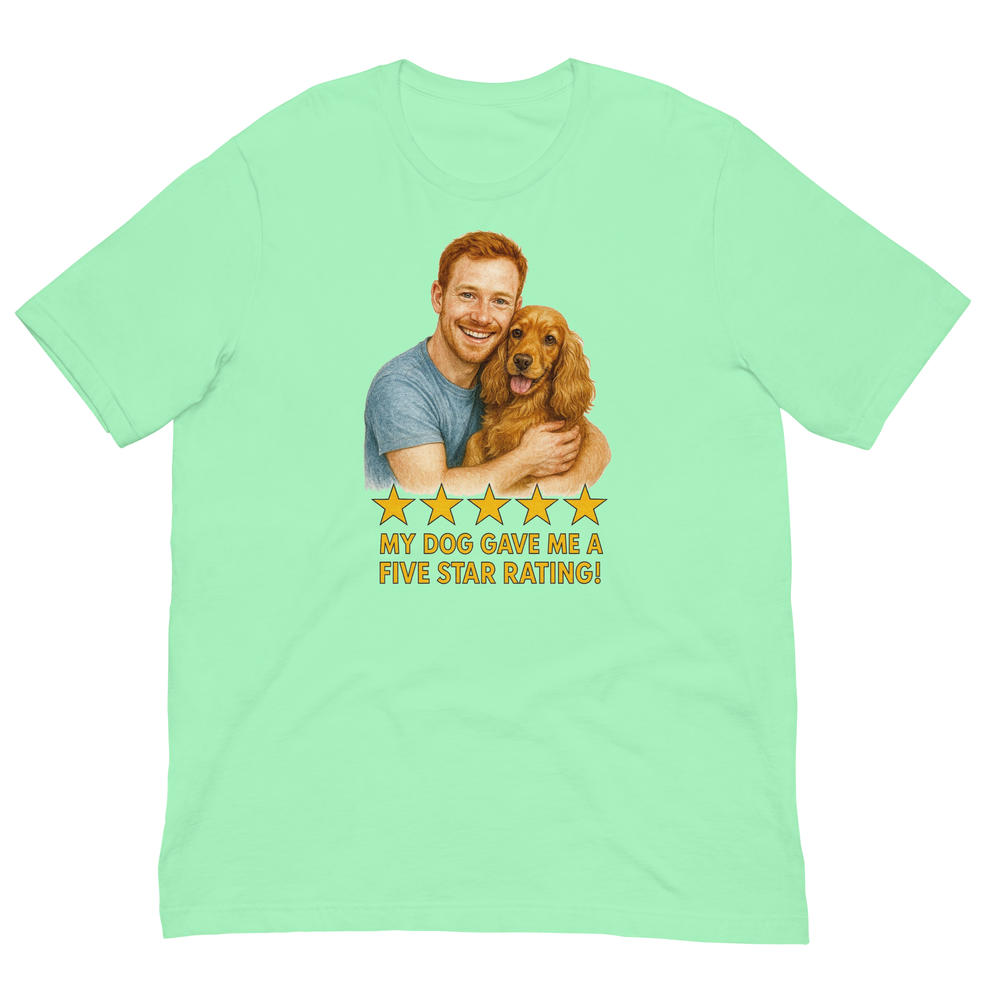 Red Hair Man with Cocker Spaniel graphic tee.