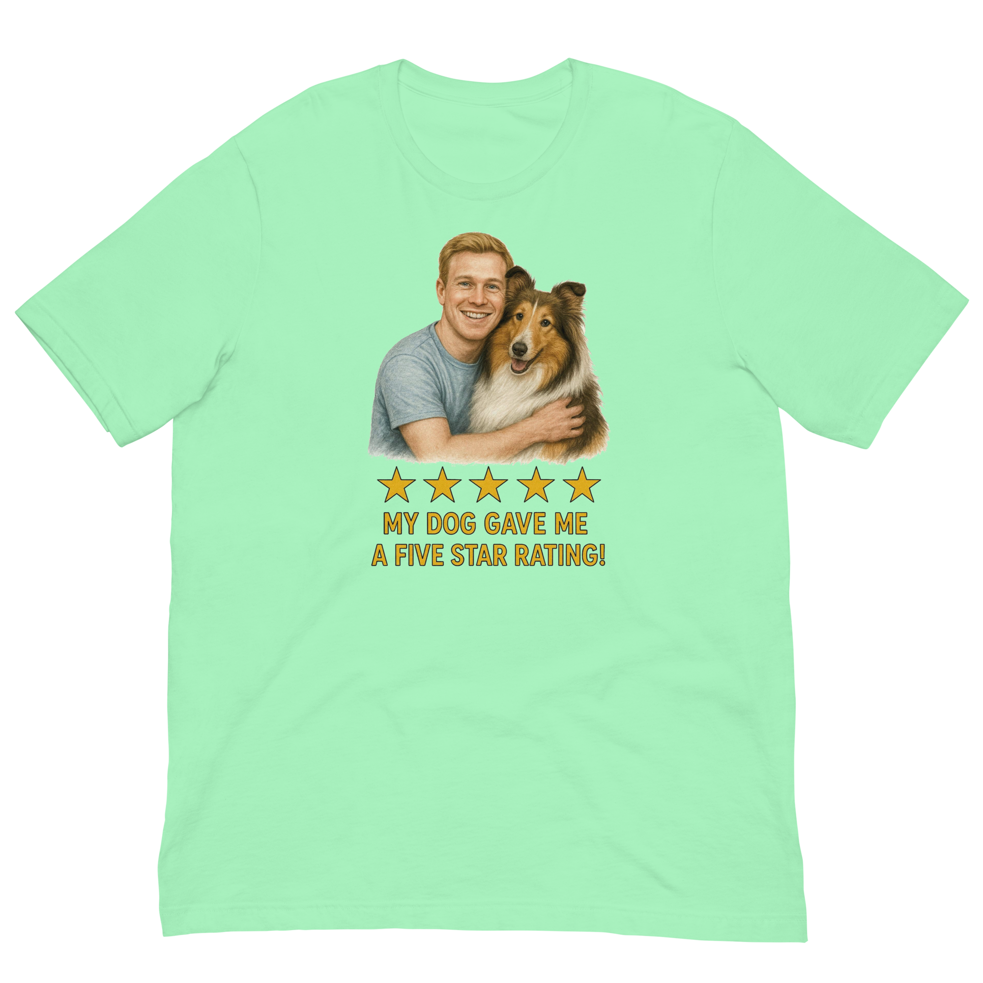 Red Hair Man with Collie graphic tee.