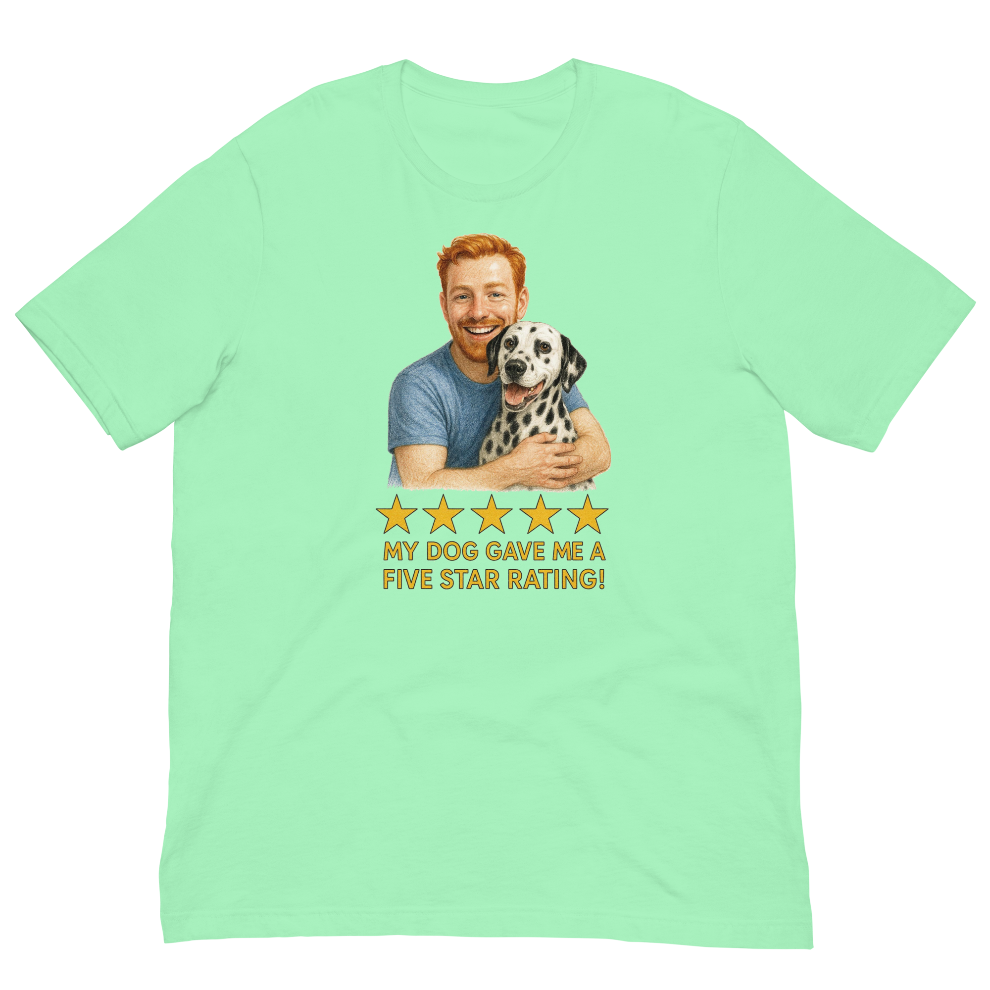 Red Hair Man with Dalmatian graphic tee.