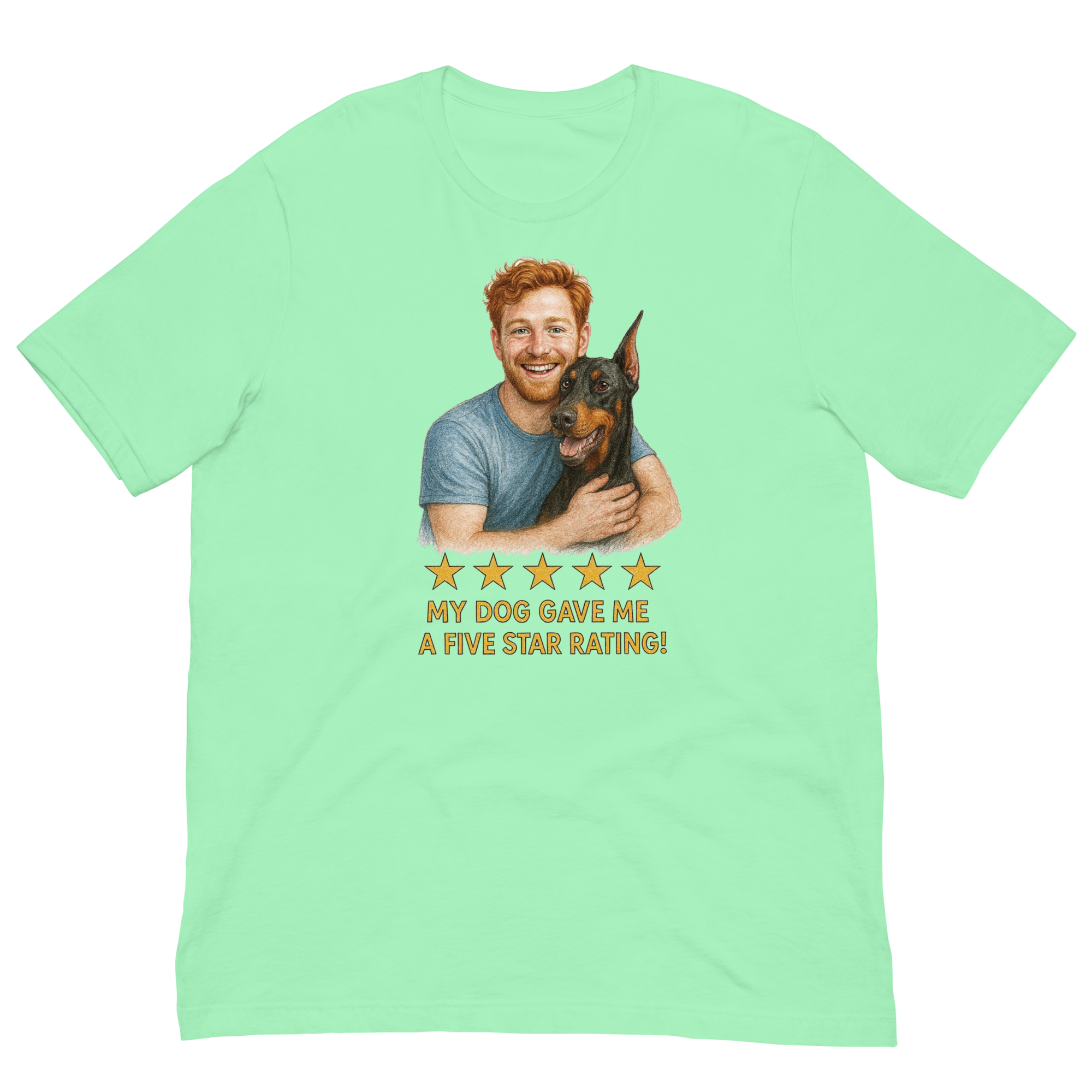 Red Hair Man with Doberman Pinscher graphic tee.