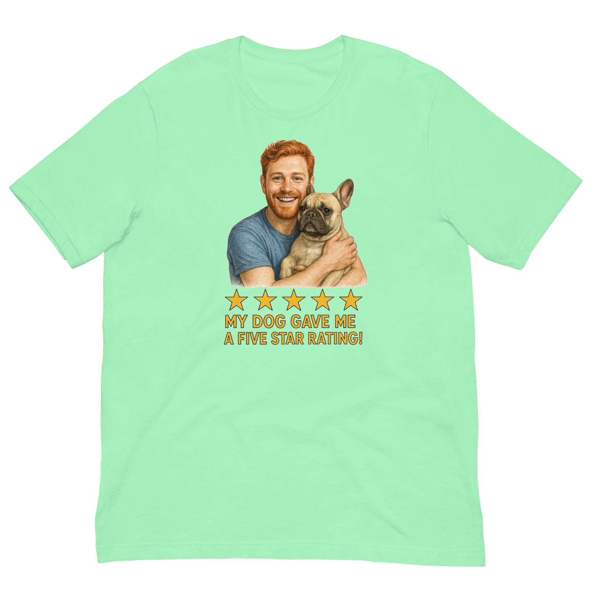 Red Hair Man with French Bulldog graphic tee.