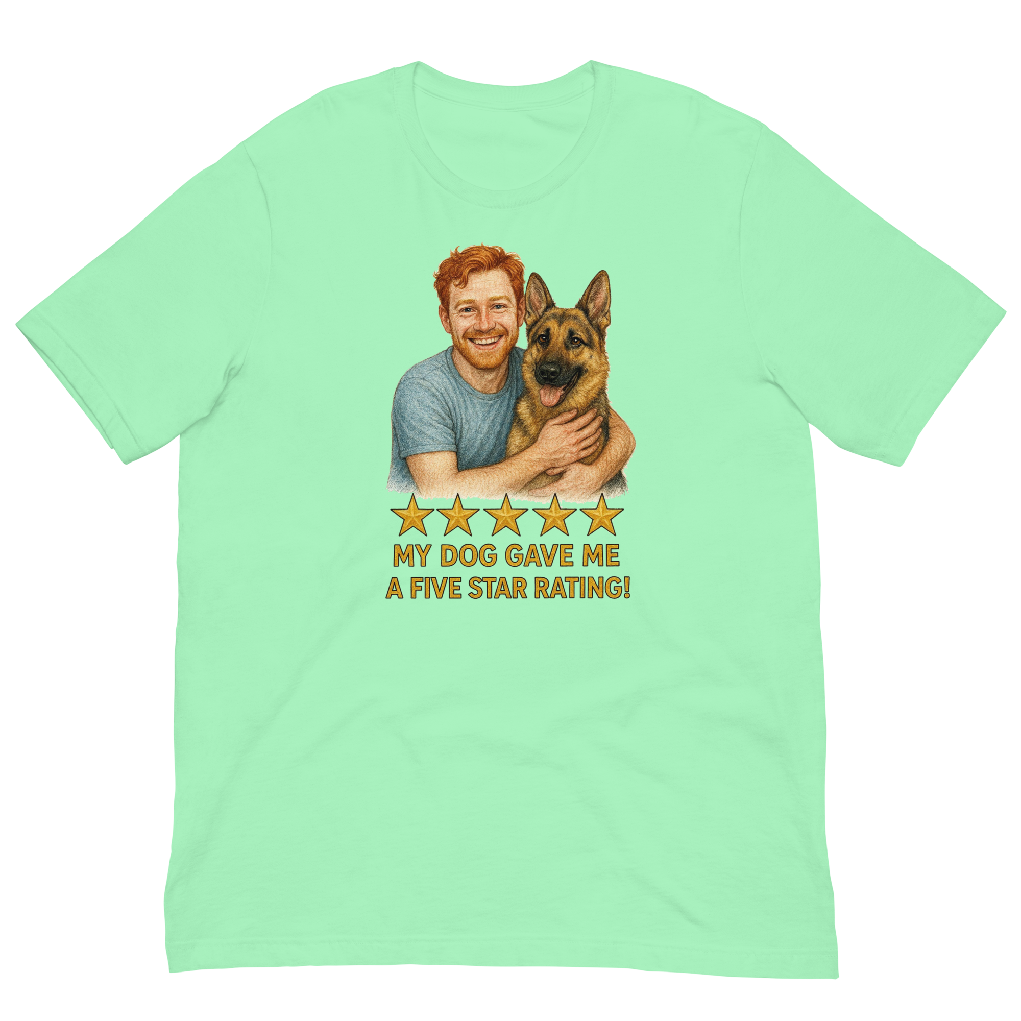 Red Hair Man with German Shepherd graphic tee.