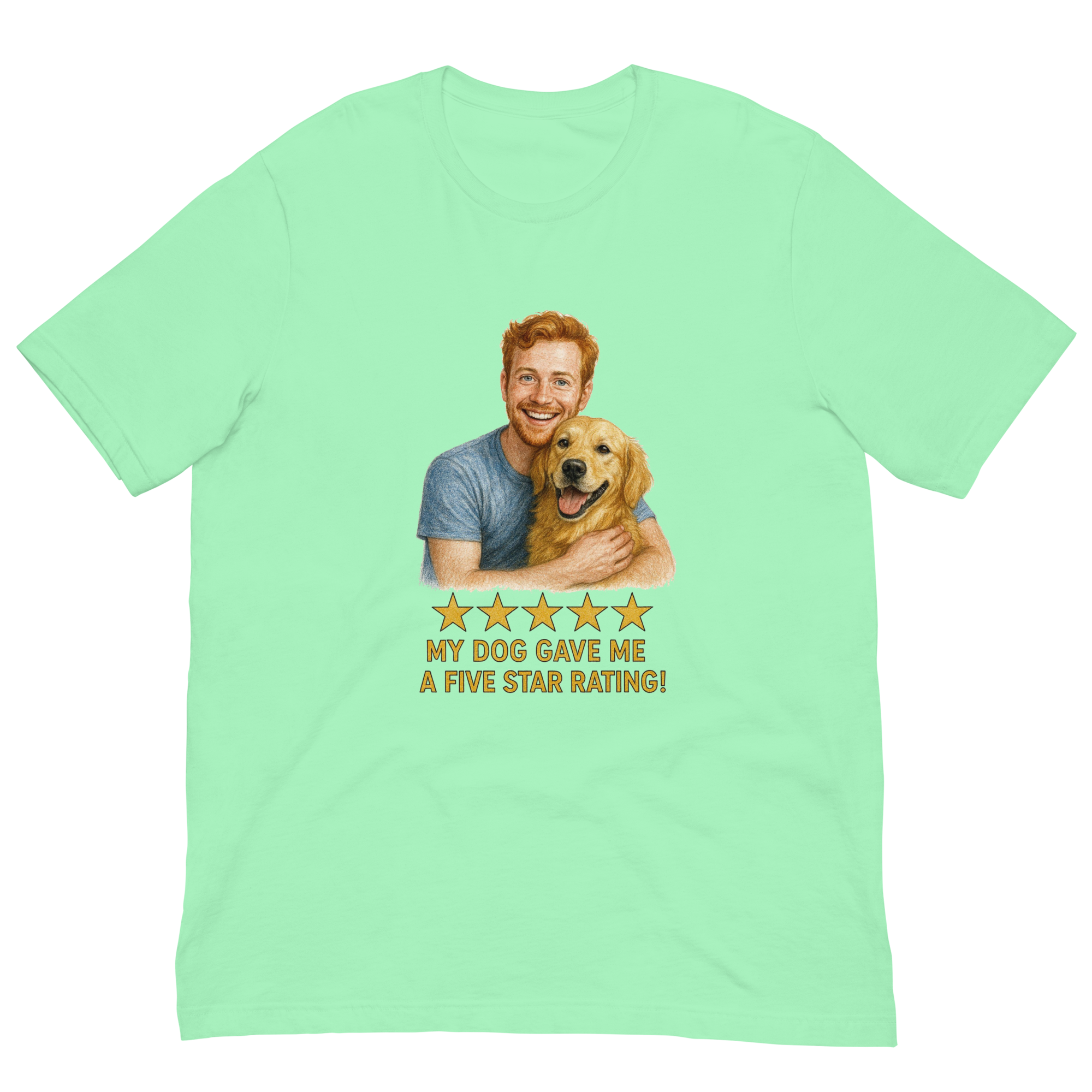 Red Hair Man with Golden Retriever graphic tee.
