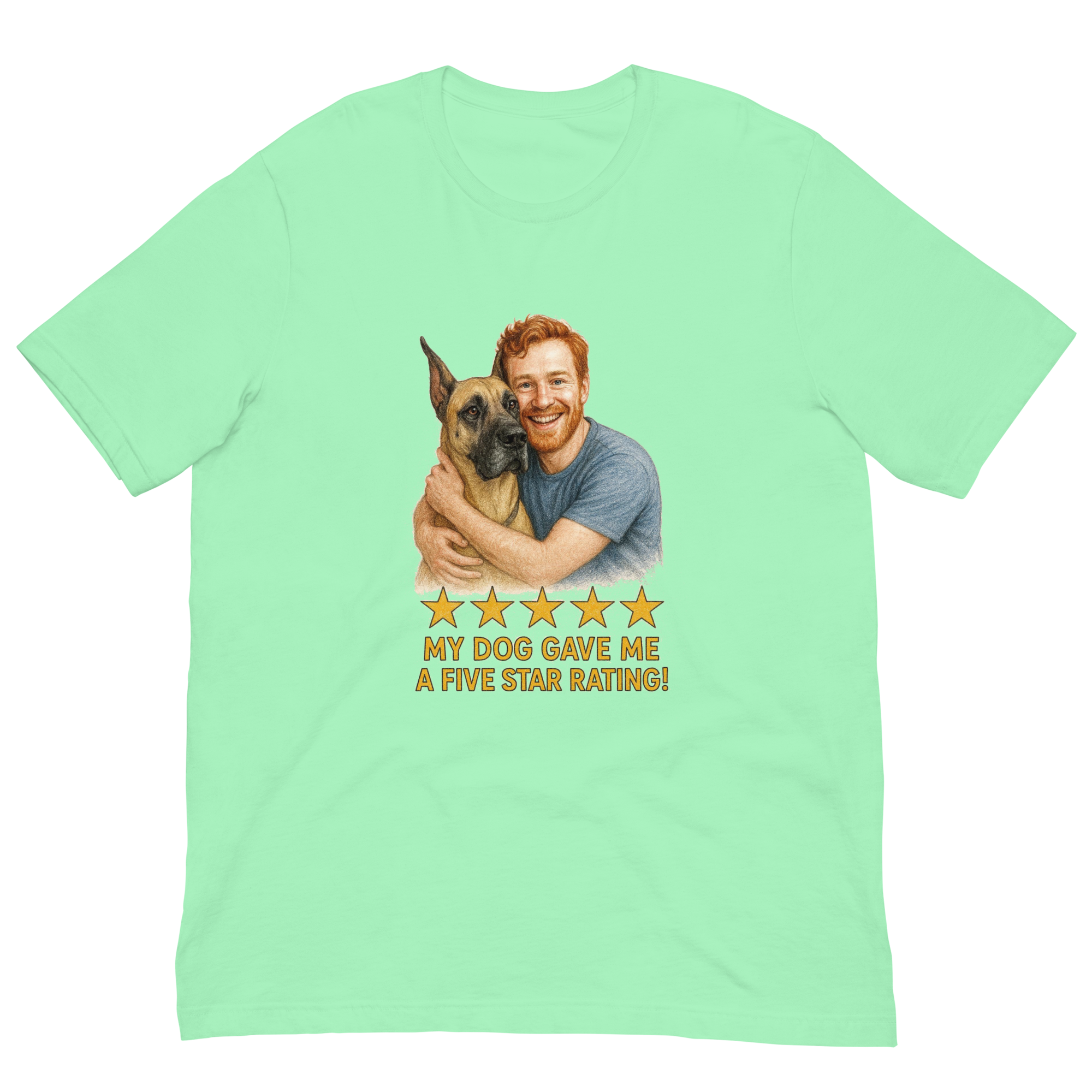 Red Hair Man with Great Dane graphic tee.