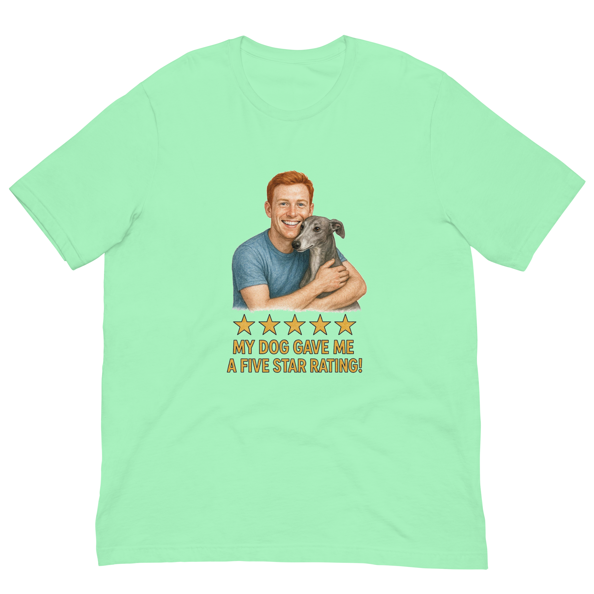 Red Hair Man with Greyhound graphic tee.