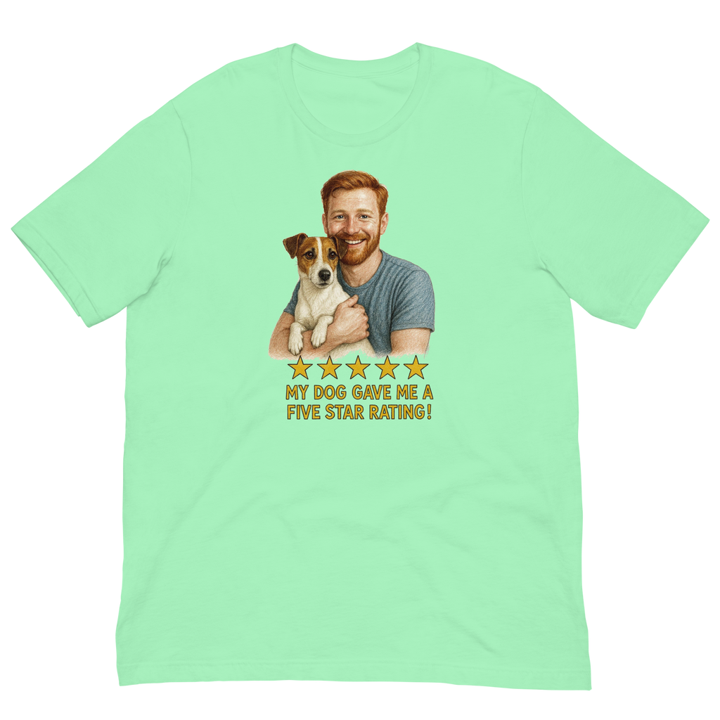 Red Hair Man with Jack Russell Terrier graphic tee.
