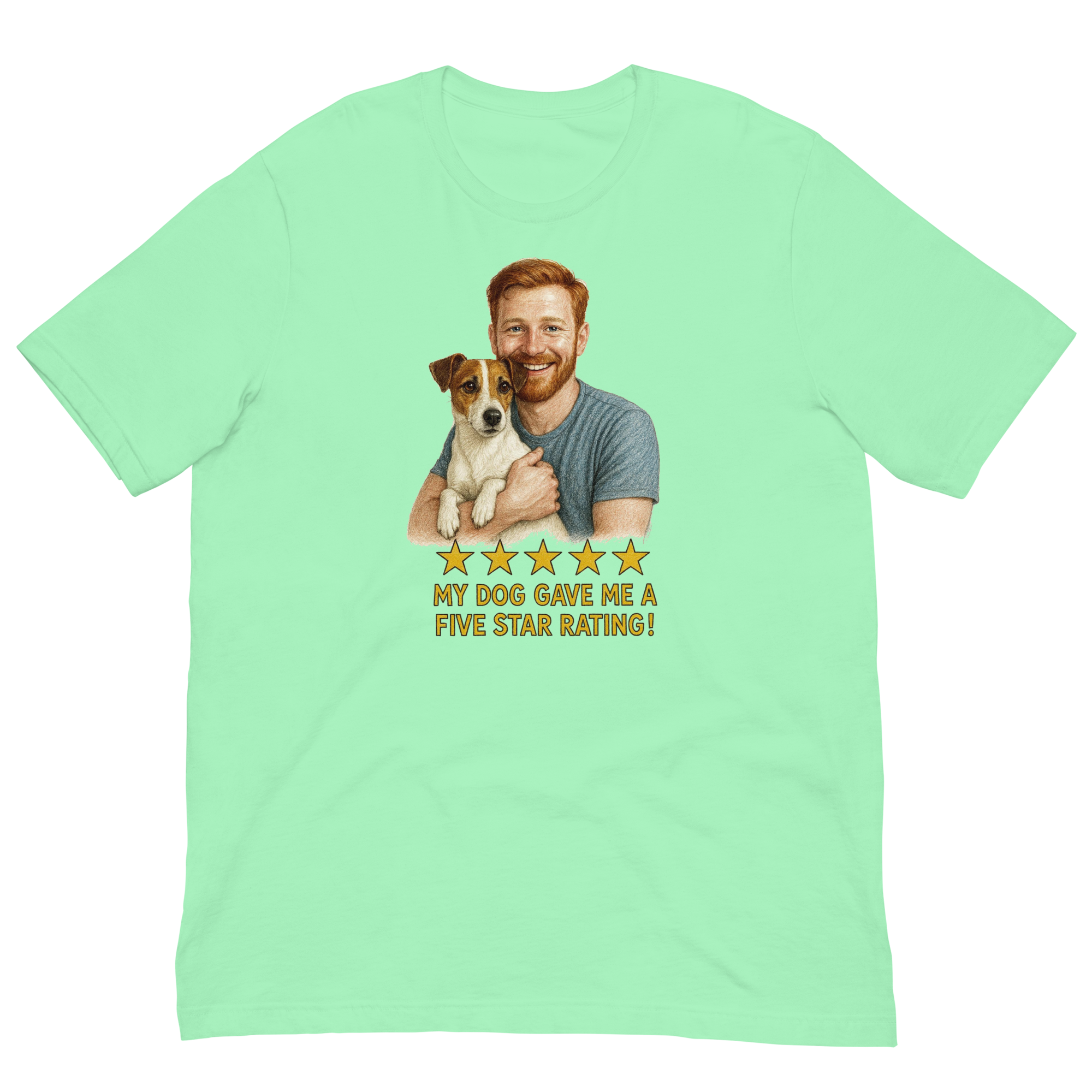 Red Hair Man with Jack Russell Terrier graphic tee.
