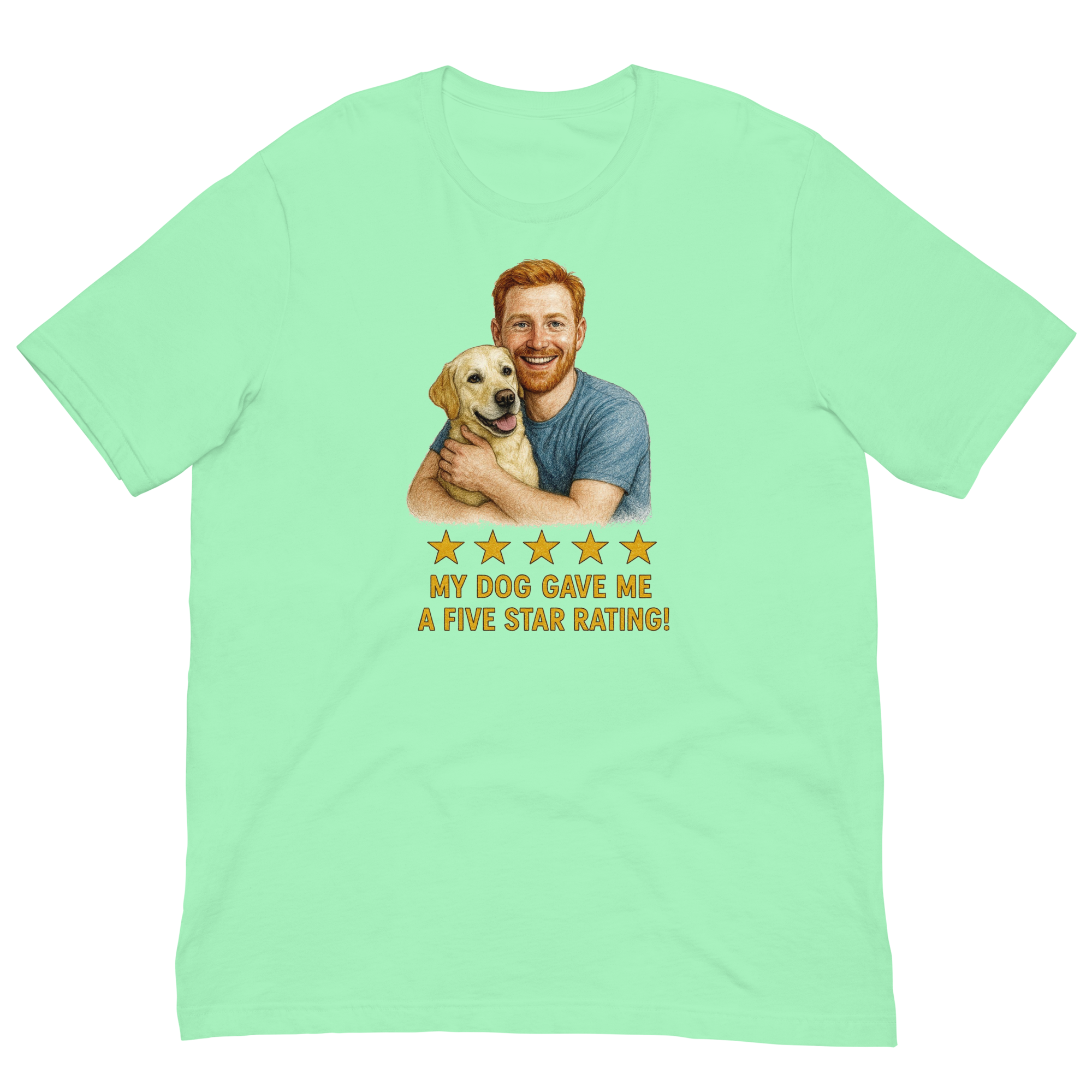 Red Hair Man with Yellow Labrador graphic tee.