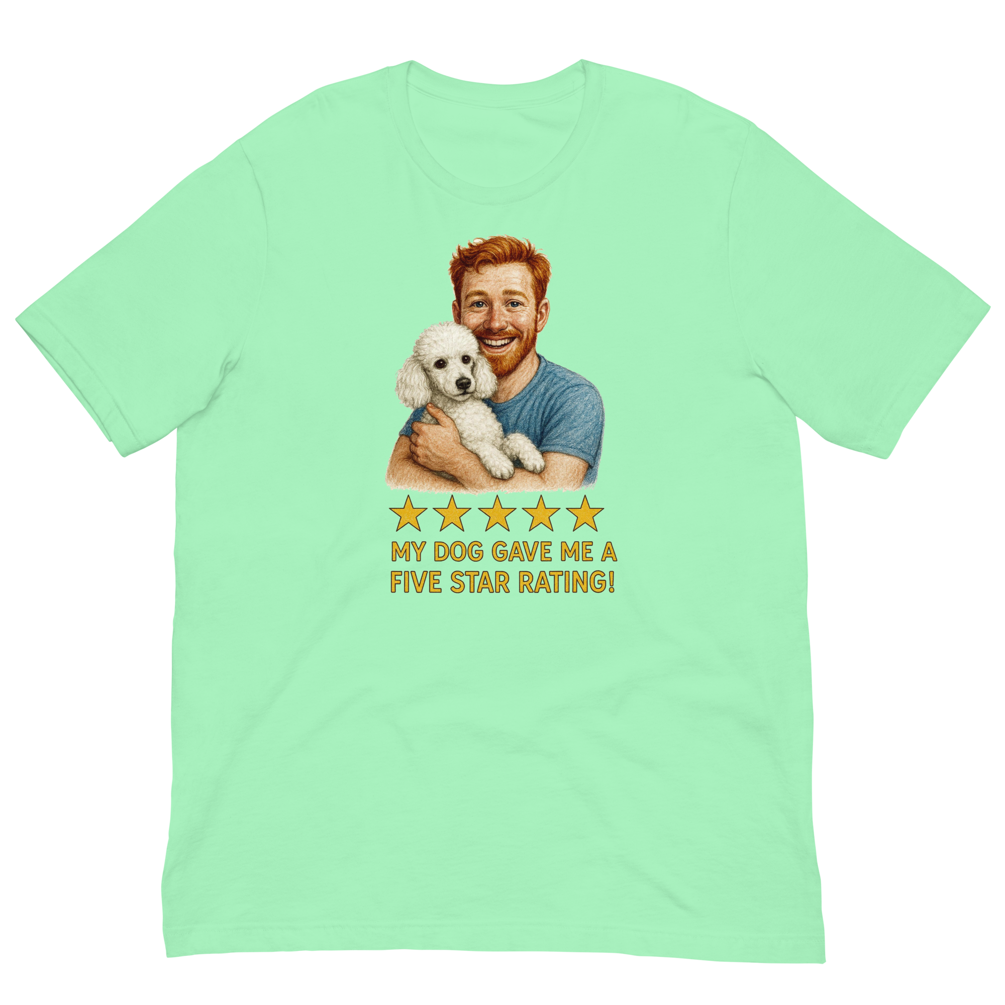 Red Hair Man with White Poodle graphic tee.