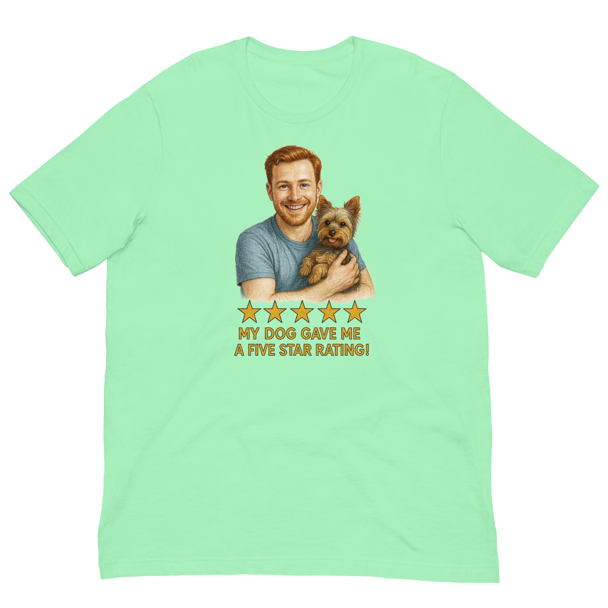 Red Hair Man with Yorkie graphic tee.