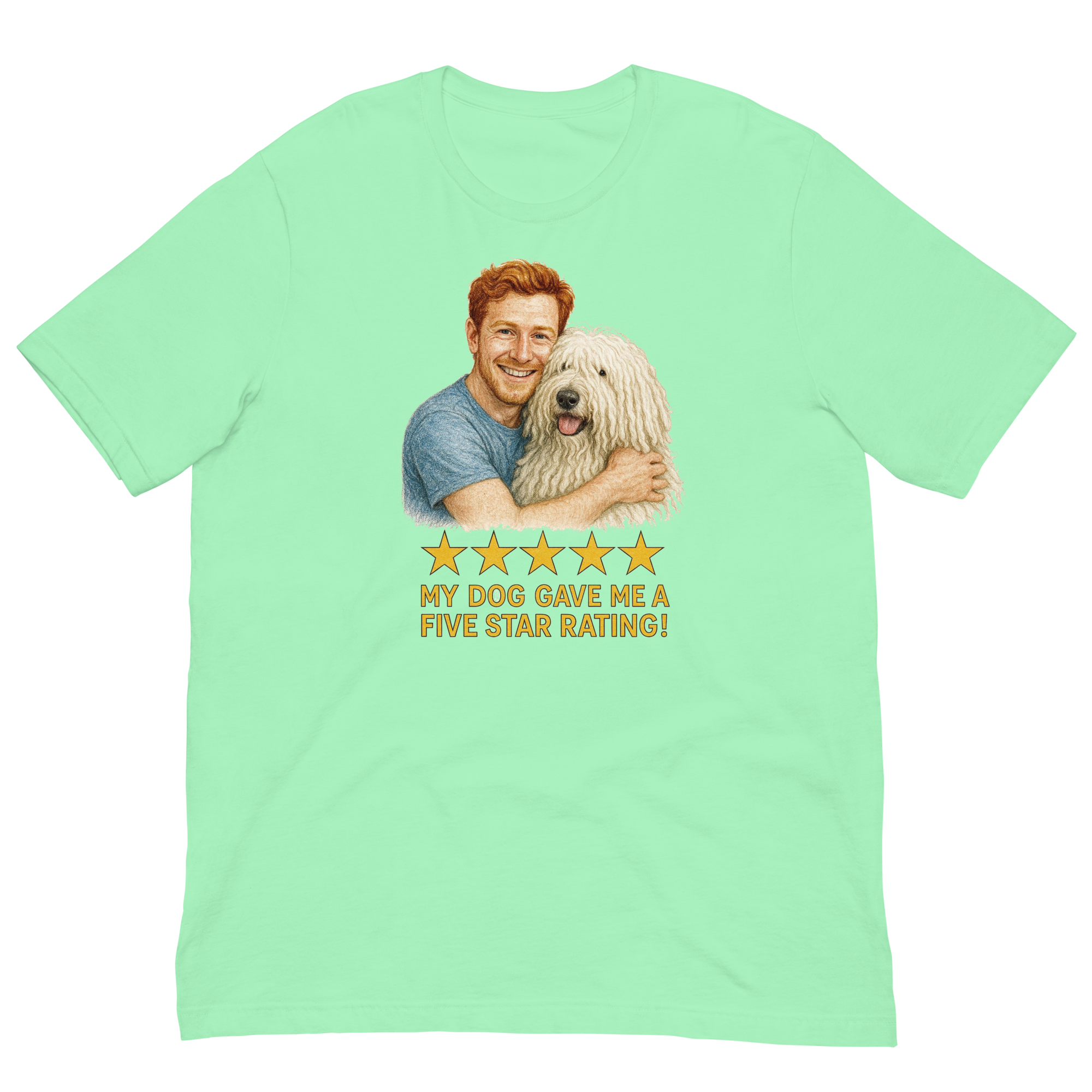 Red Hair Man with Komondor graphic tee.