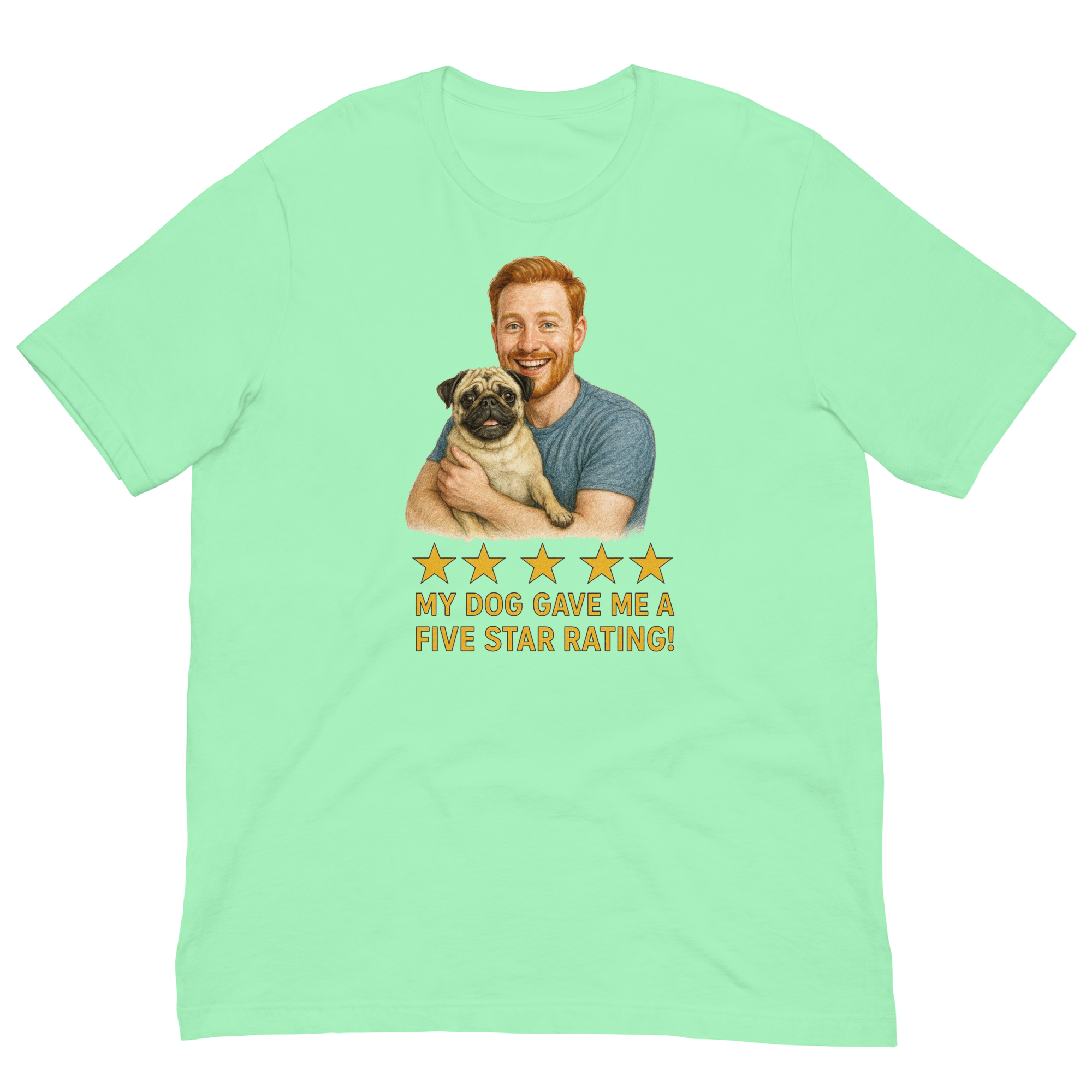 Red Hair Man with Pug graphic tee.