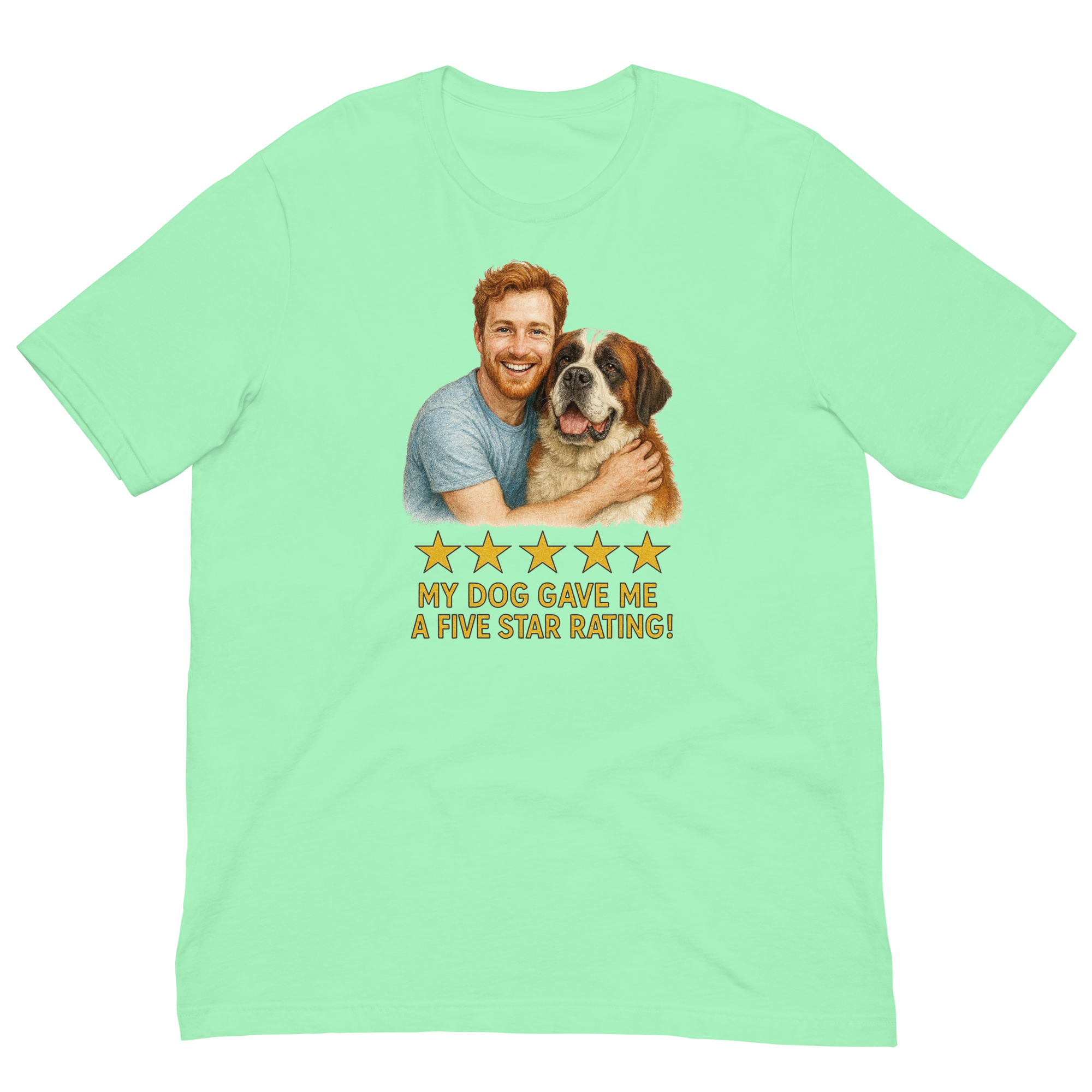Red Hair Man with Saint Bernard graphic tee.
