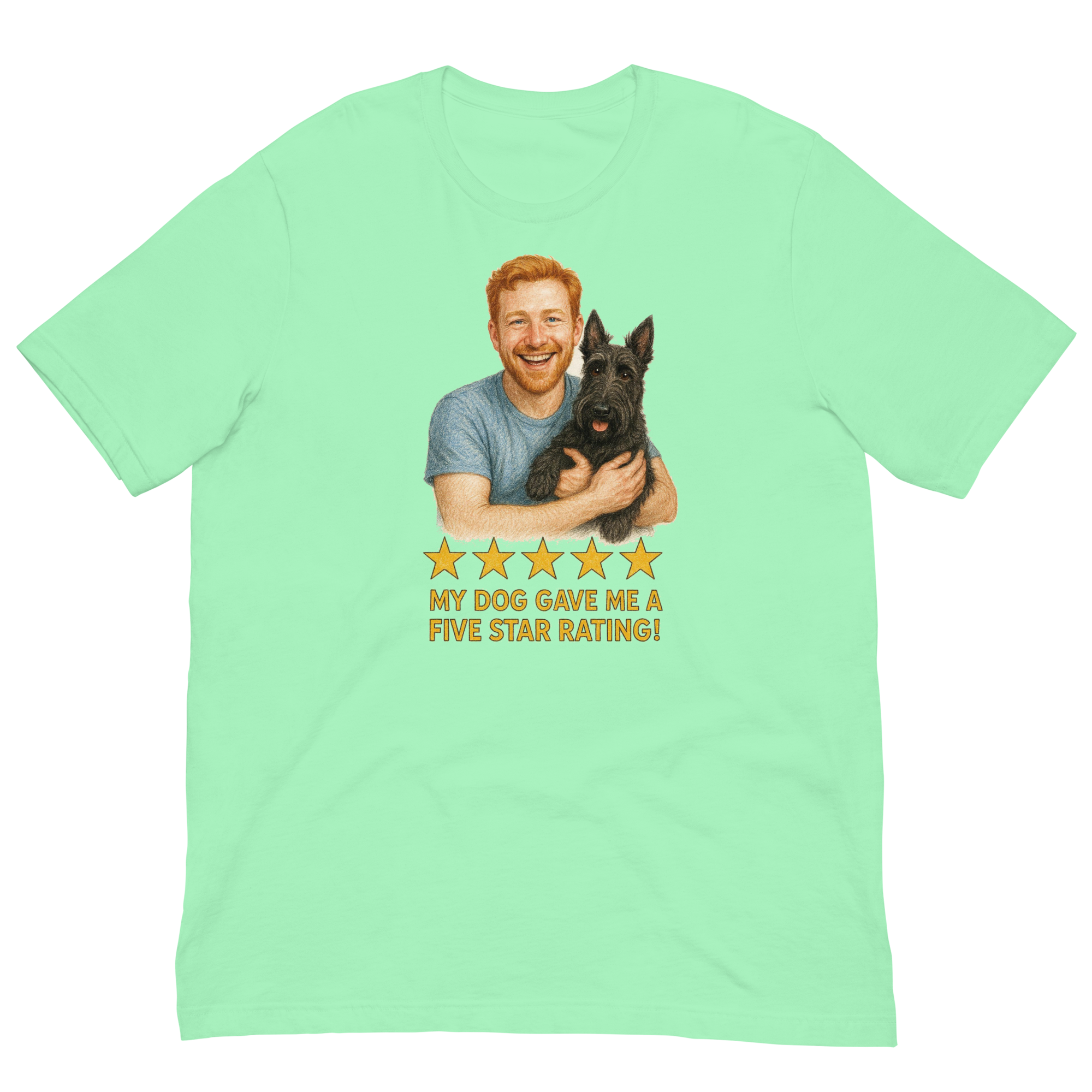 Red Hair Man with Scottie graphic tee.