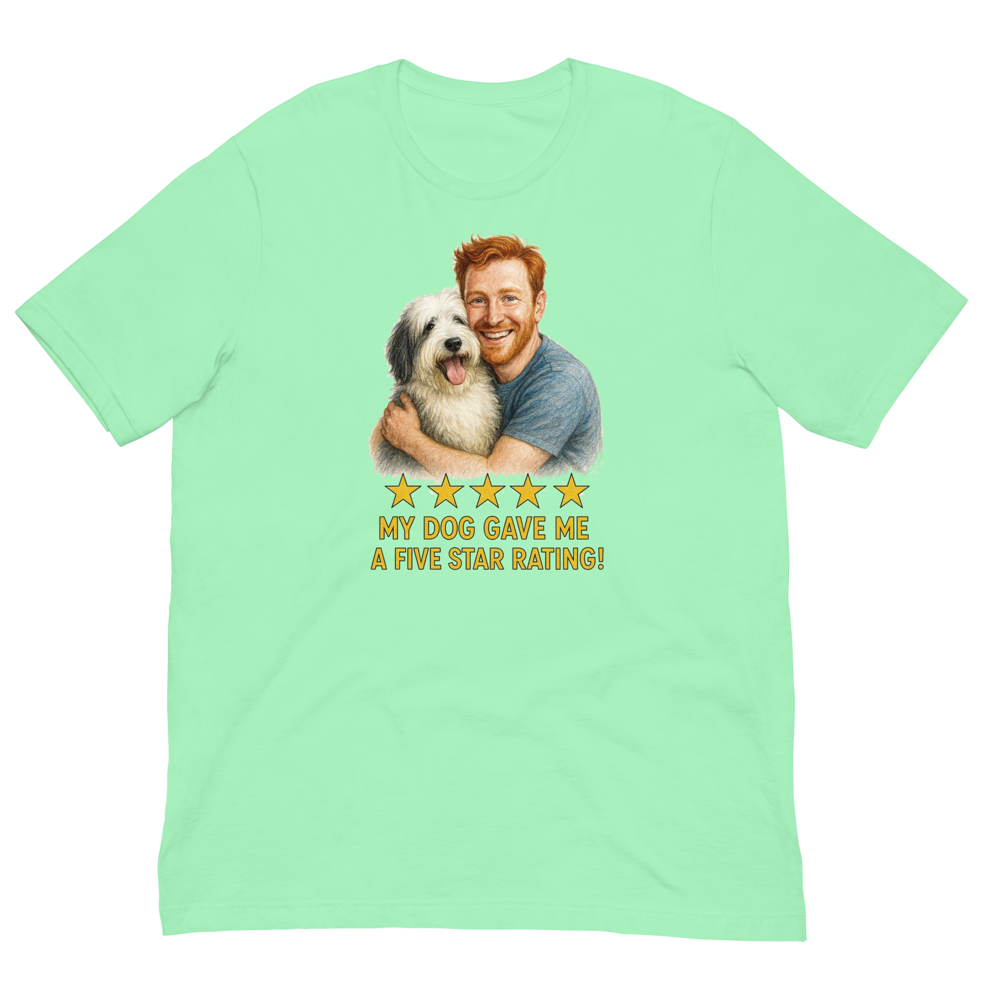 Red Hair Man with Sheepdog graphic tee.