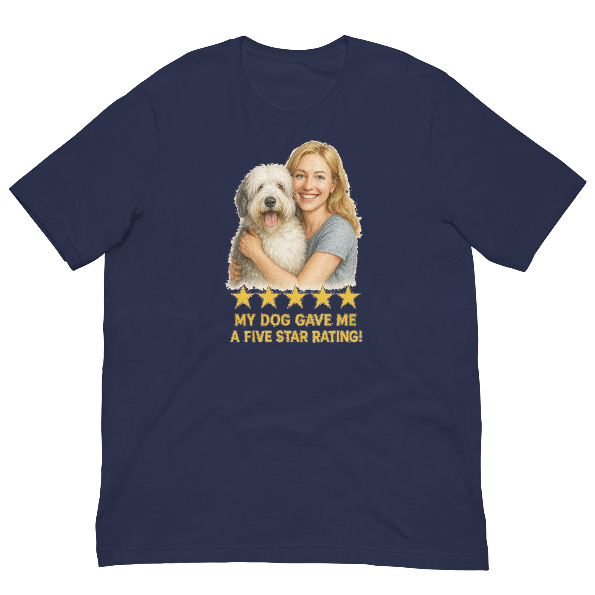 Blonde Woman with Sheepdog graphic tee - navy