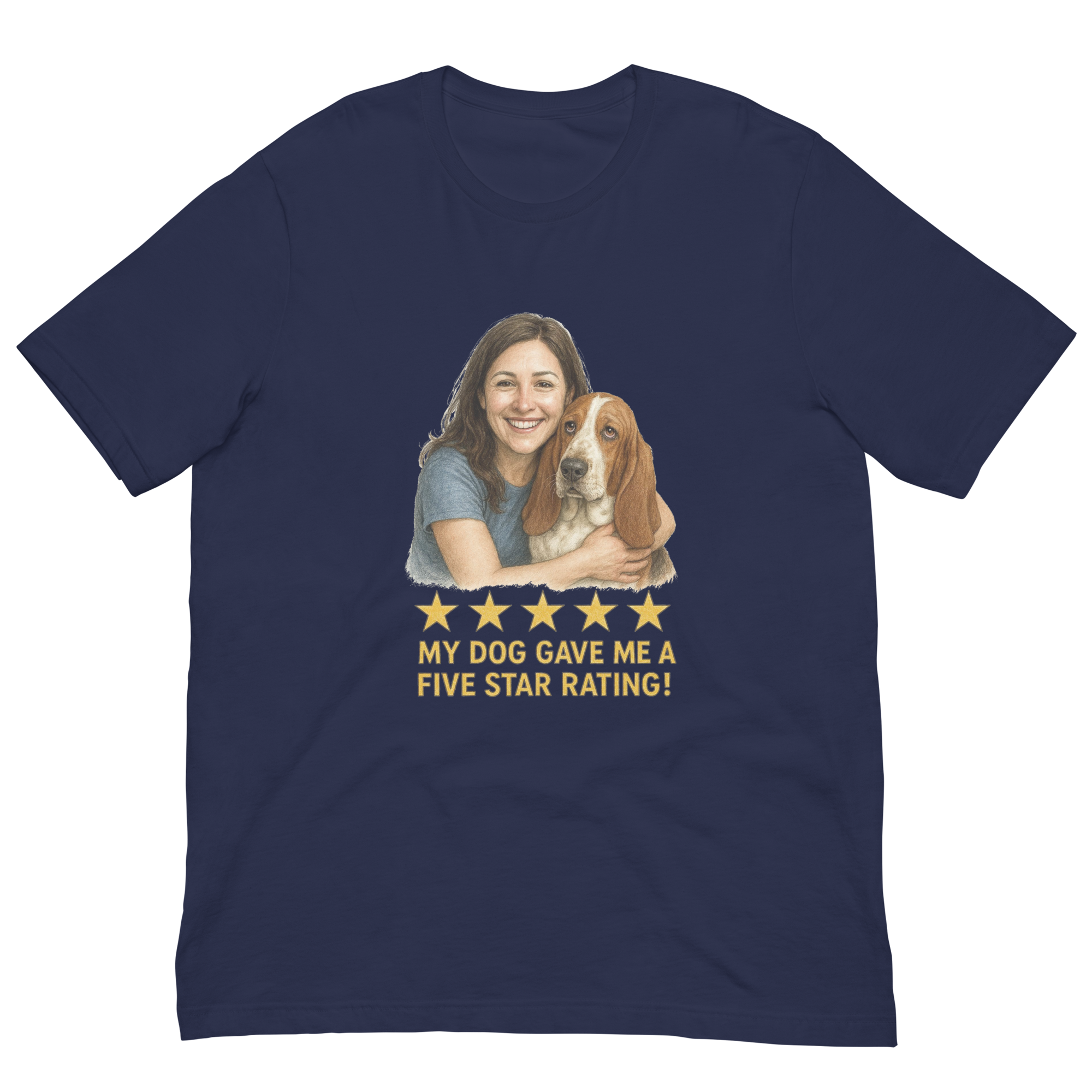 Brunette Woman with Basset Hound graphic tee - navy