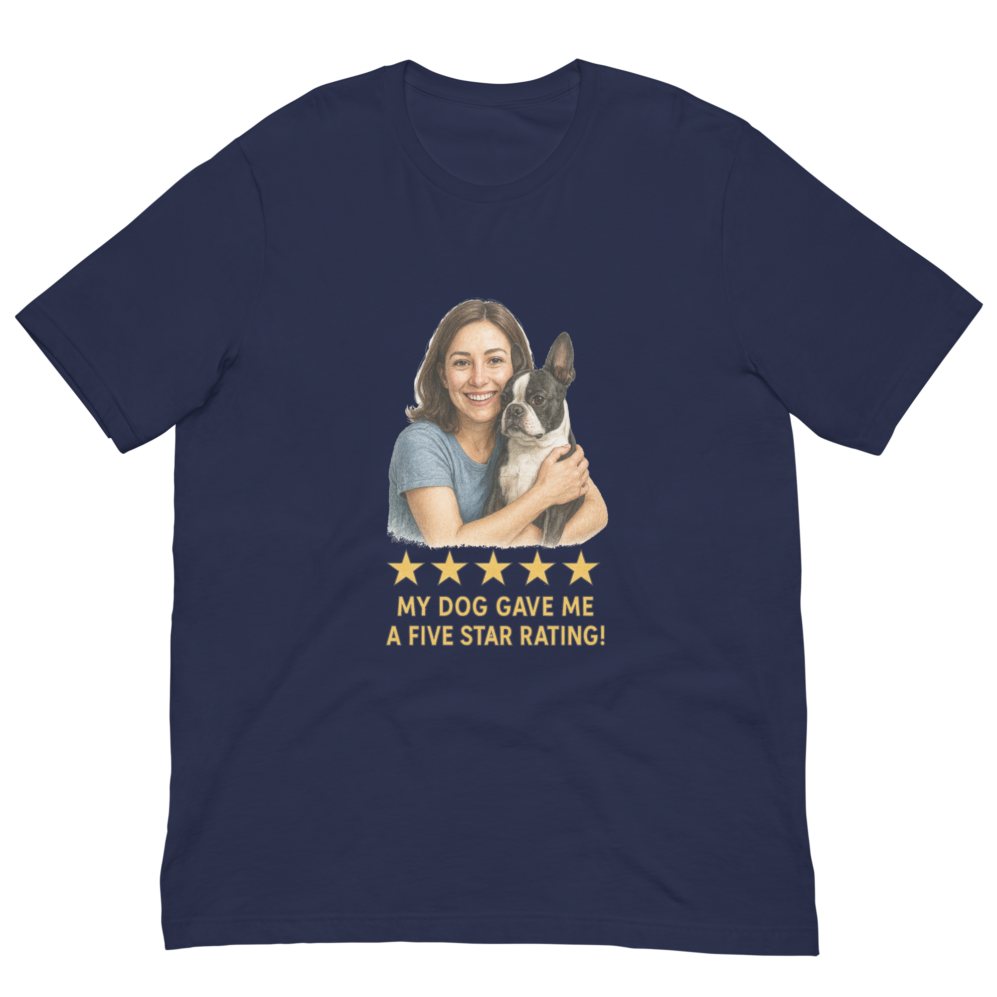 Brunette Woman with Boston Terrier graphic tee - navy