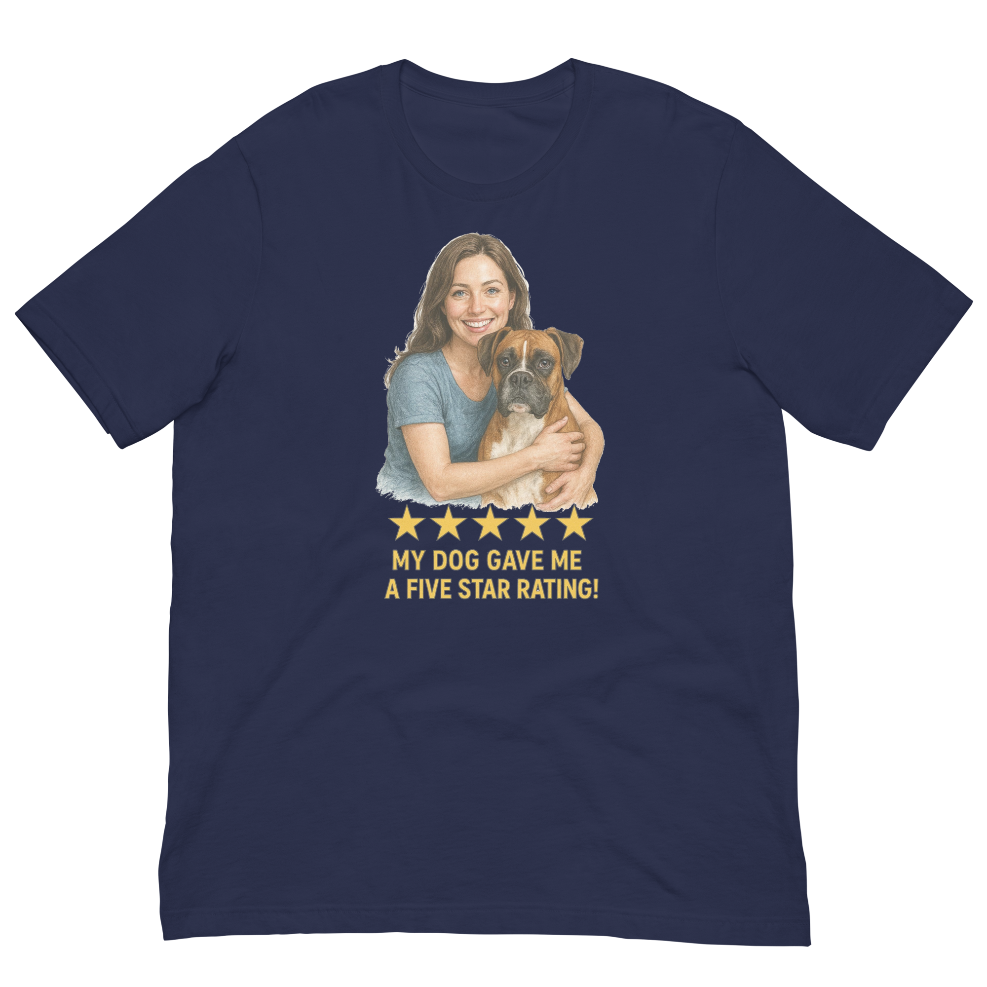 Brunette Woman with Boxer graphic tee - navy