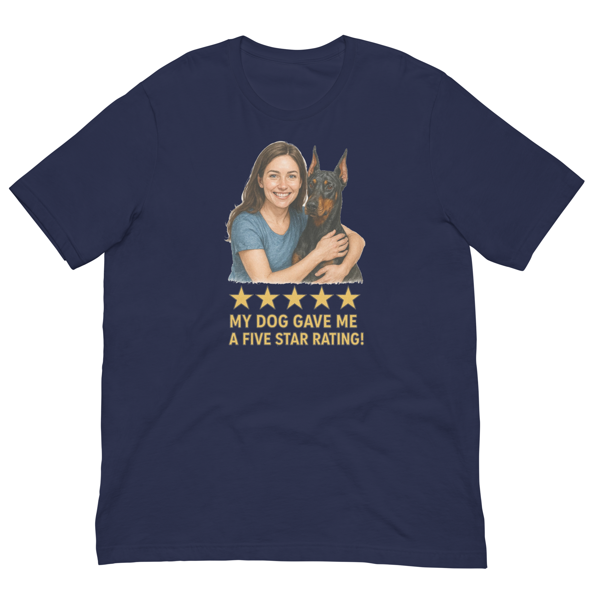 Brunette Woman with Doberman Pinscher graphic tee - navy
