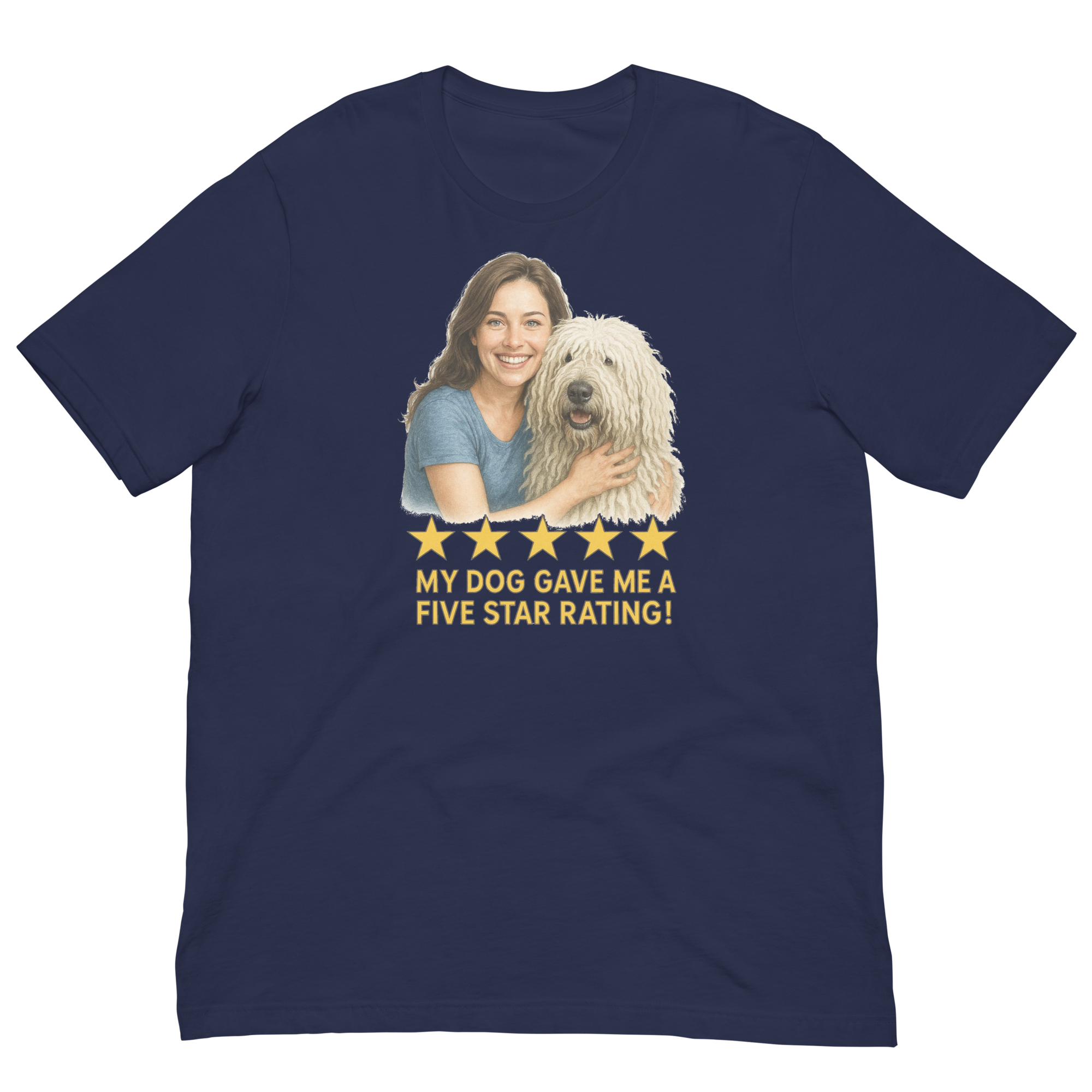 Brunette Woman with Komondor graphic tee - navy